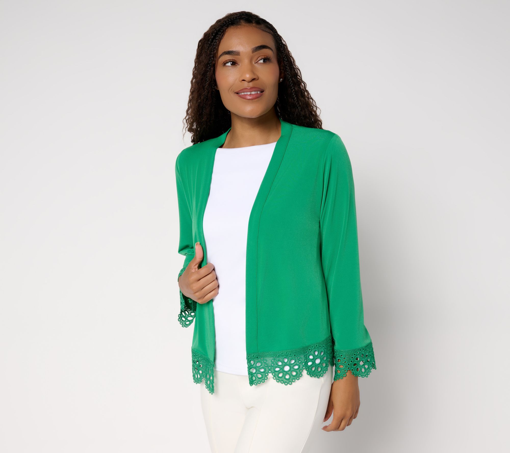 Susan Graver Liquid Knit 3/4 Sleeve Shrug with Scalloped Lace Accents