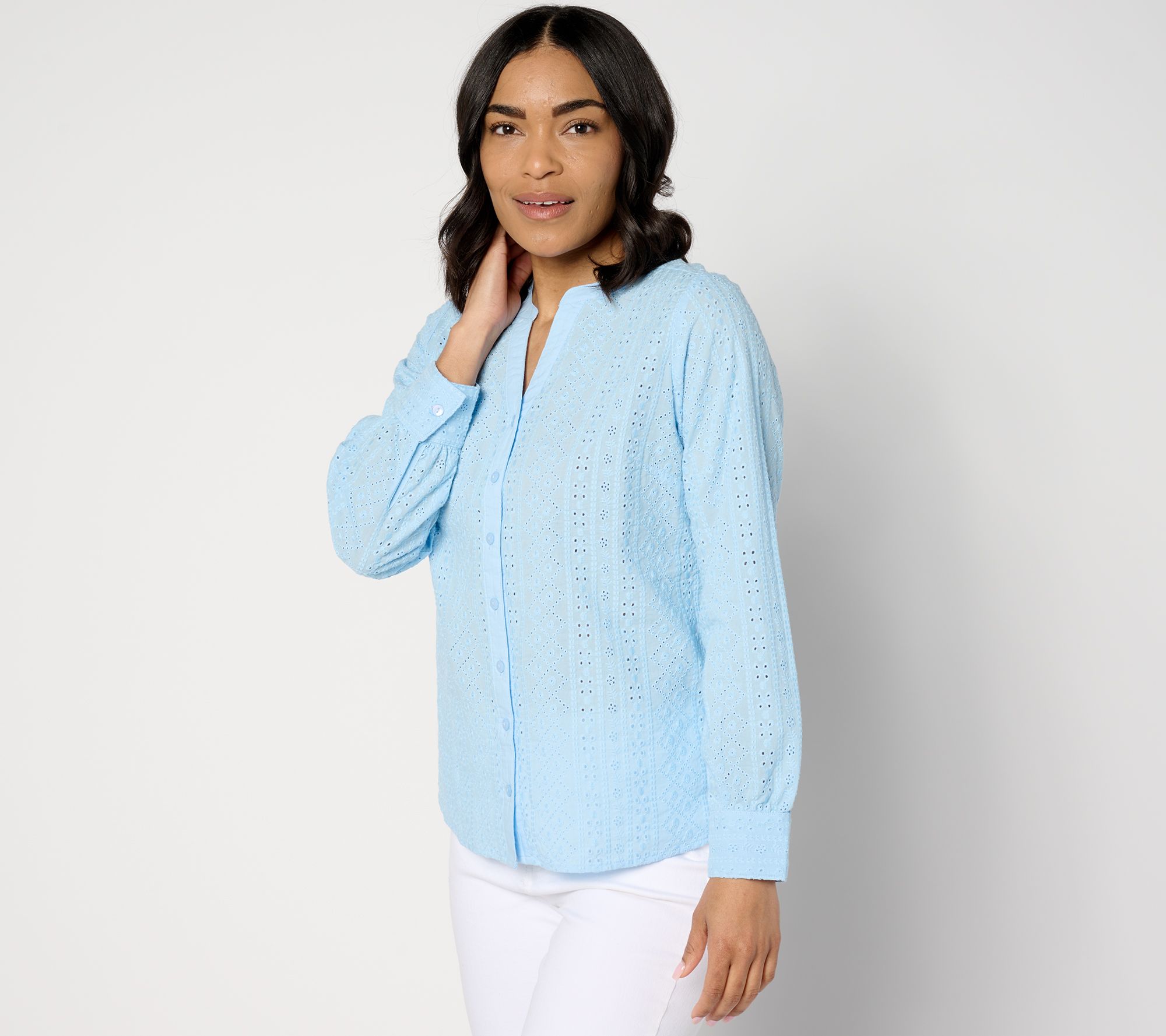 Denim & Co. Cotton Eyelet Button Down Shirt