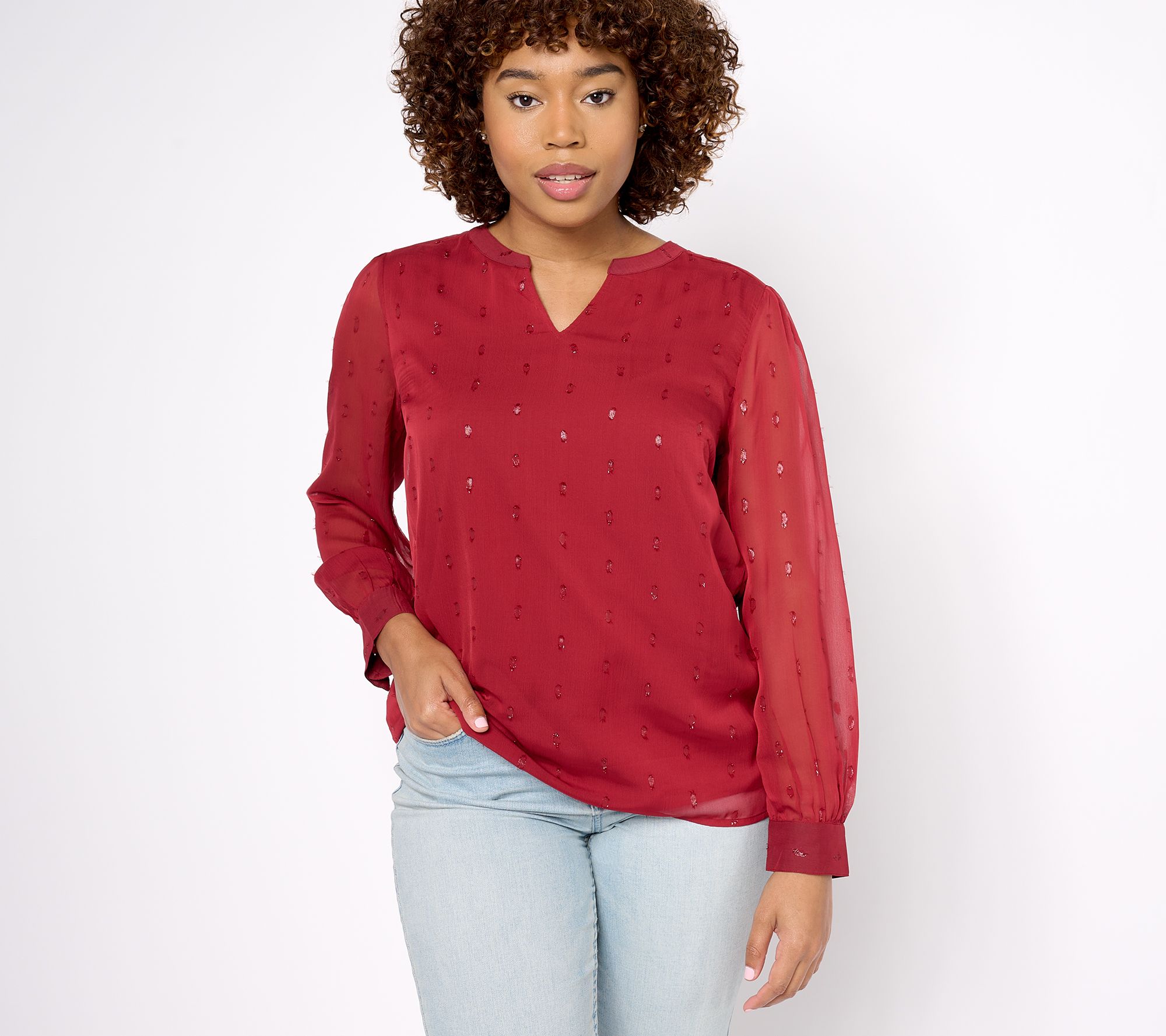 "As Is" Denim & Co. Split V-Neck Lurex Detail Blouse