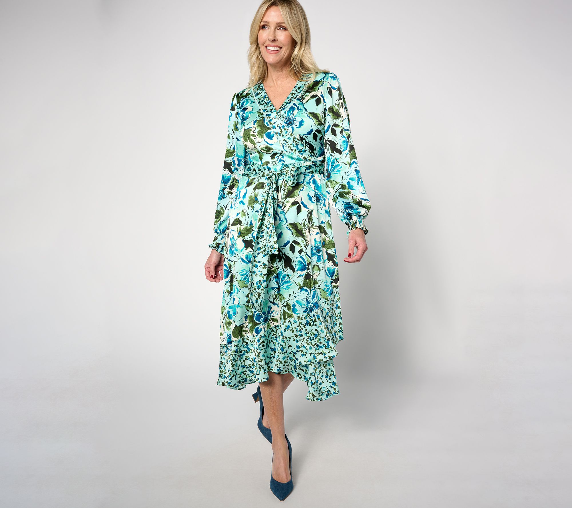 "As Is" Isaac Mizrahi Live! Petite Floral Printed Faux Wrap Midi Dress