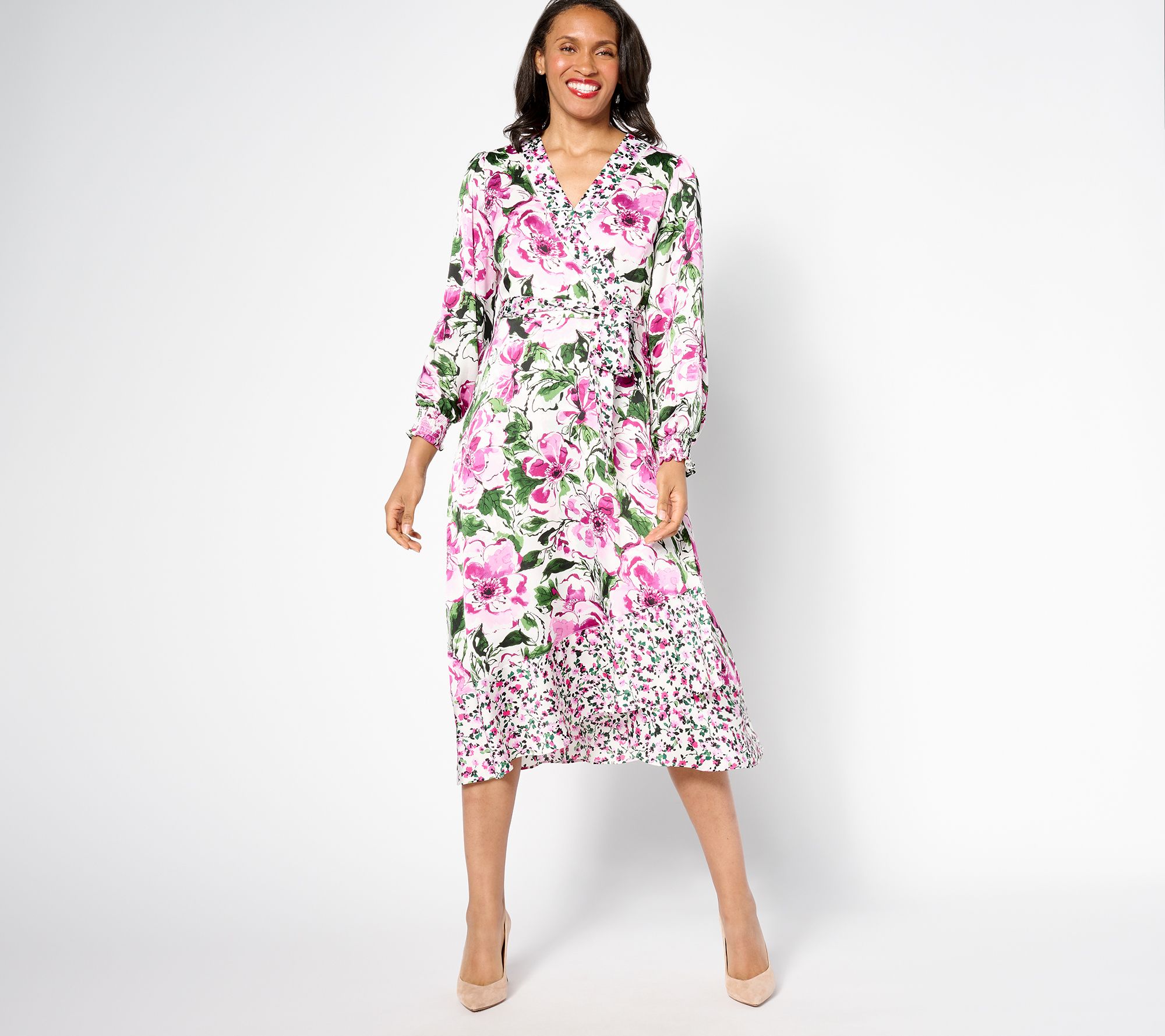 "As Is" Isaac Mizrahi Live! Petite Floral Printed Faux Wrap Midi Dress