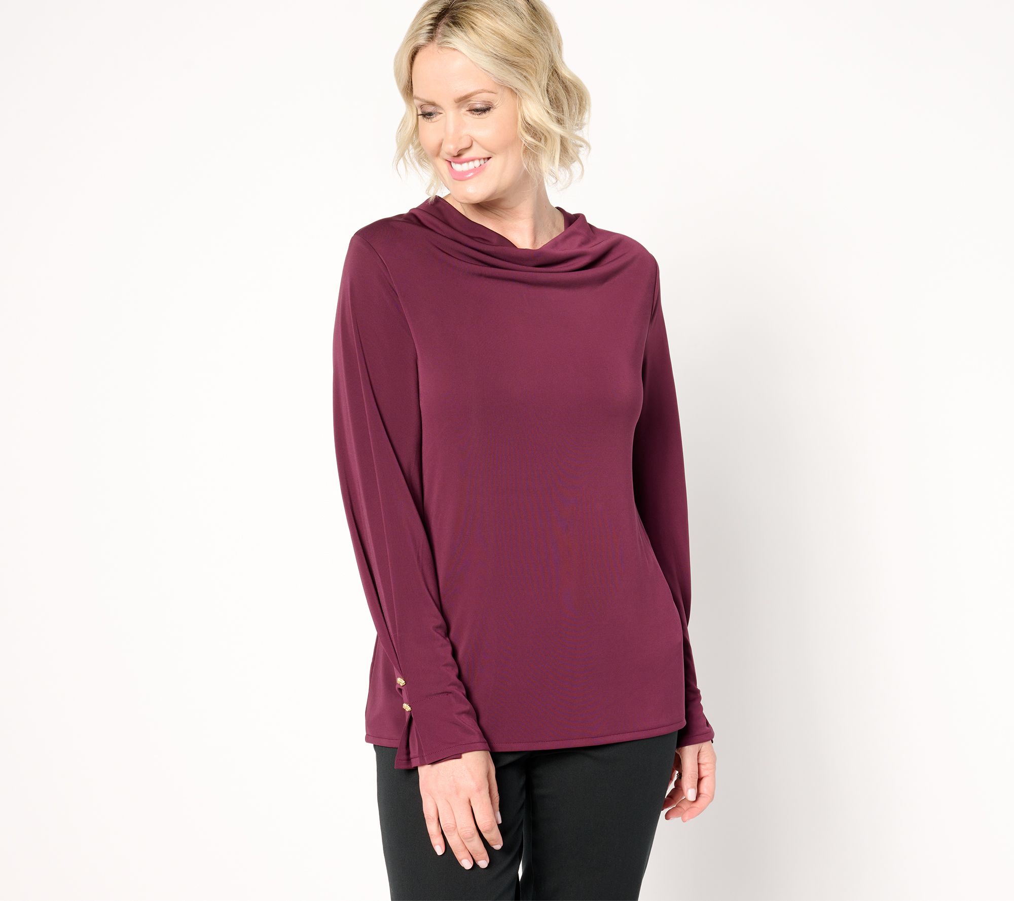 Isaac Mizrahi Live! Estate Cowl Neck Long Sleeve Top w/ Gold Buttons