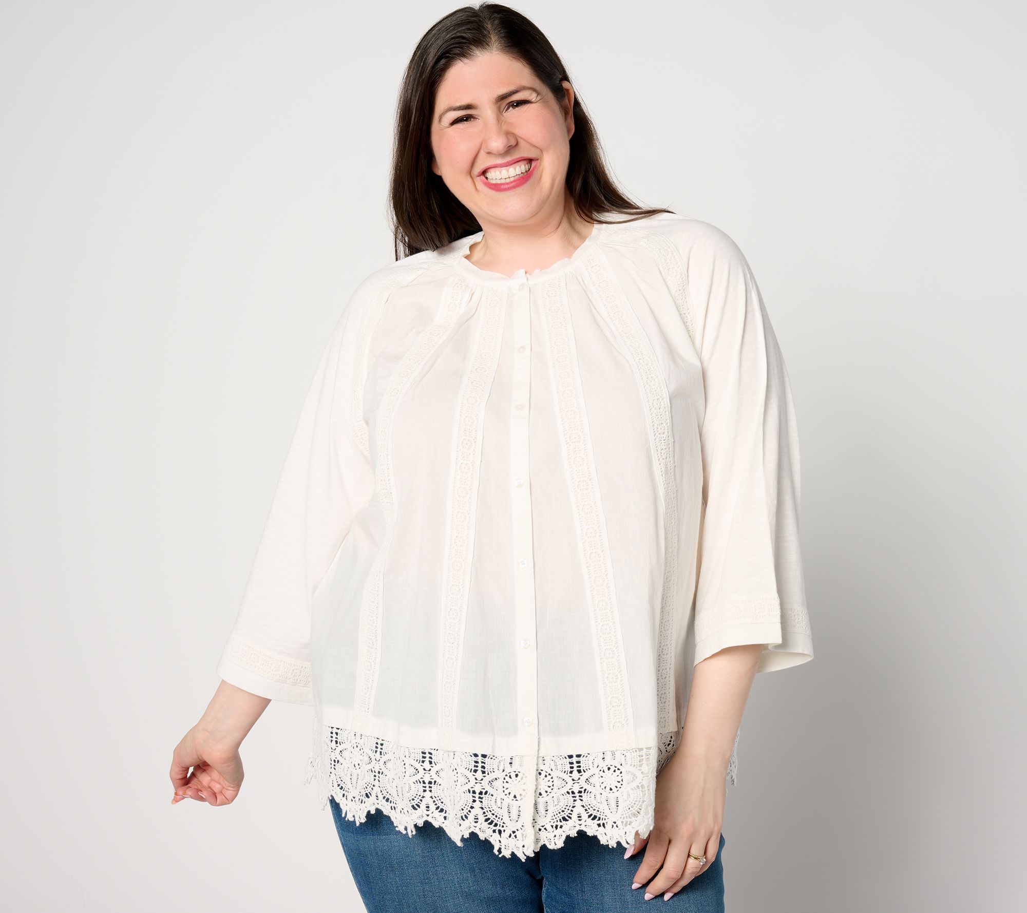 "As Is" LOGO Lavish by Lori Goldstein Woven Button Front Top with Lace