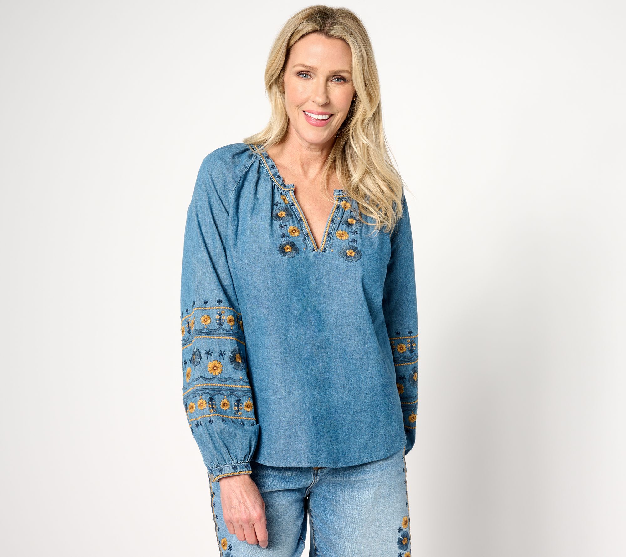 "As Is" Driftwood Jeans Chambray Embroidered Blouse