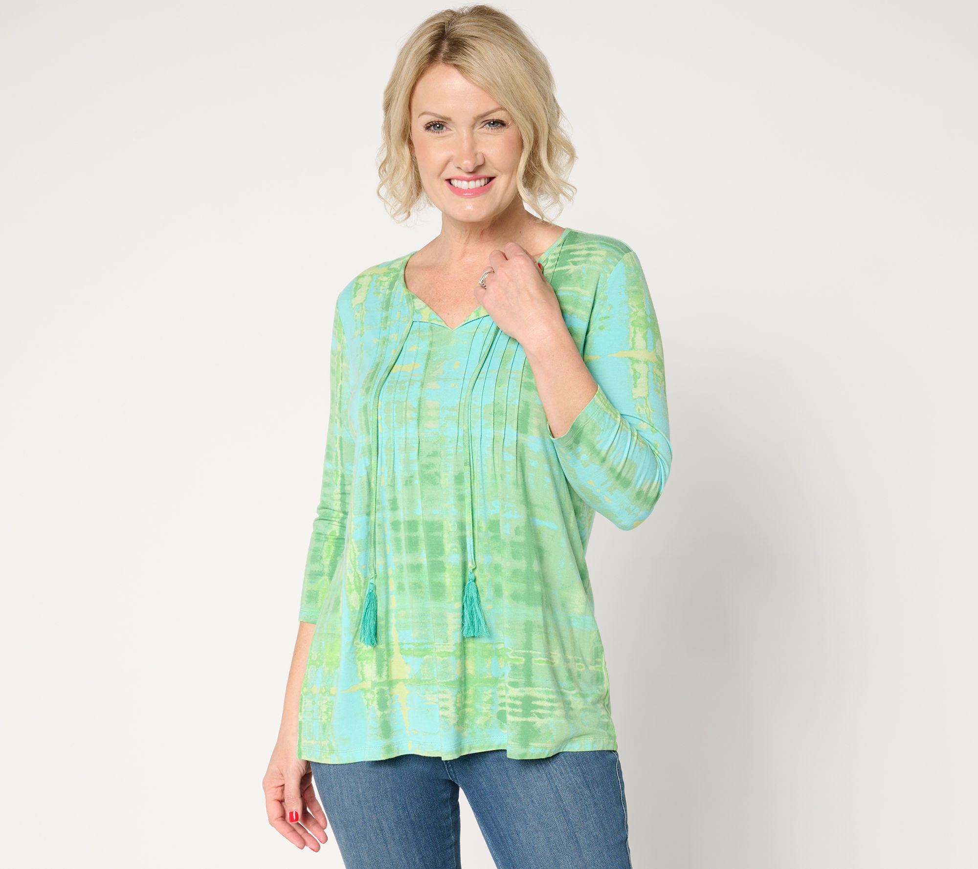 Belle by Kim Gravel Rayon Spandex Blurred Plaid Tassel Top