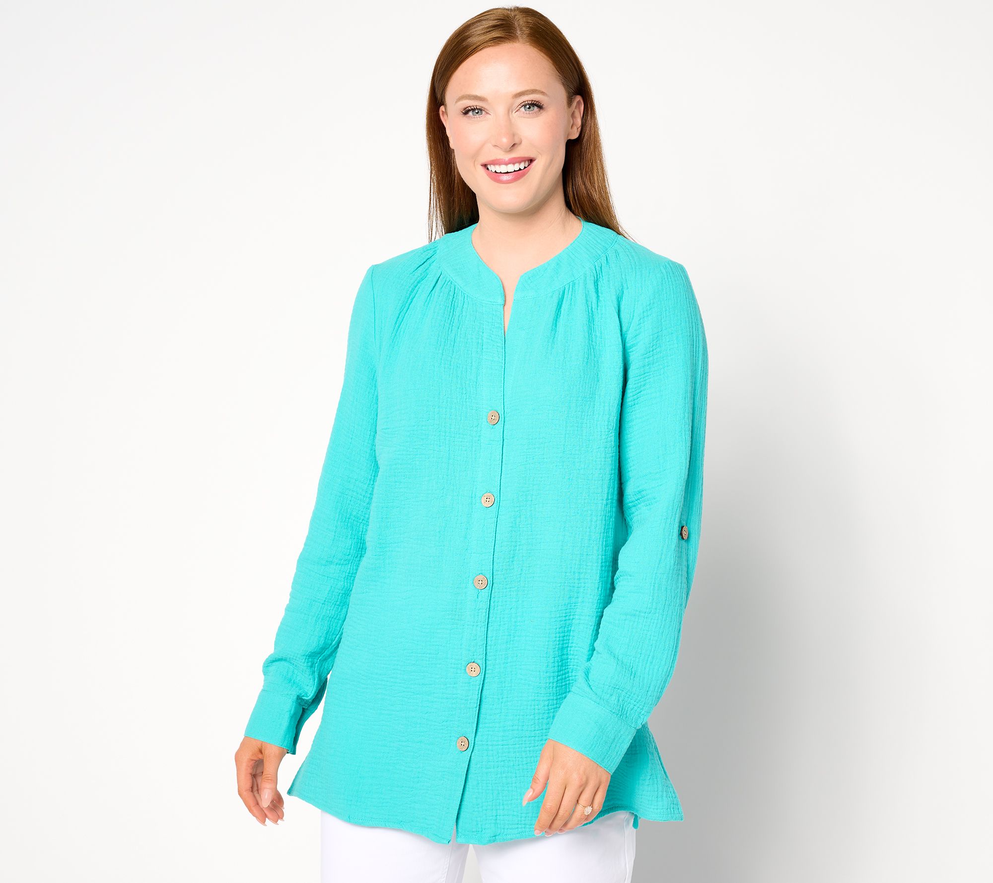 "As Is" Denim & Co. By the Beach Regular Gauze Button Up Big Shirt