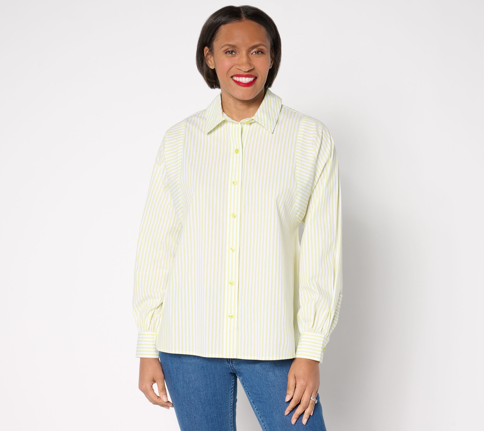 Joan Rivers Stretch Cotton Poplin Shirt with Sleeve Seam Detail