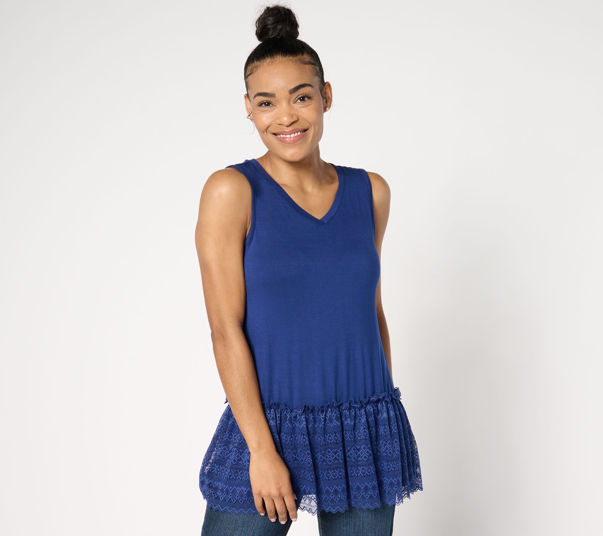 "As Is" LOGO Layers by Lori Goldstein V-Neck Tank with Lace Hem