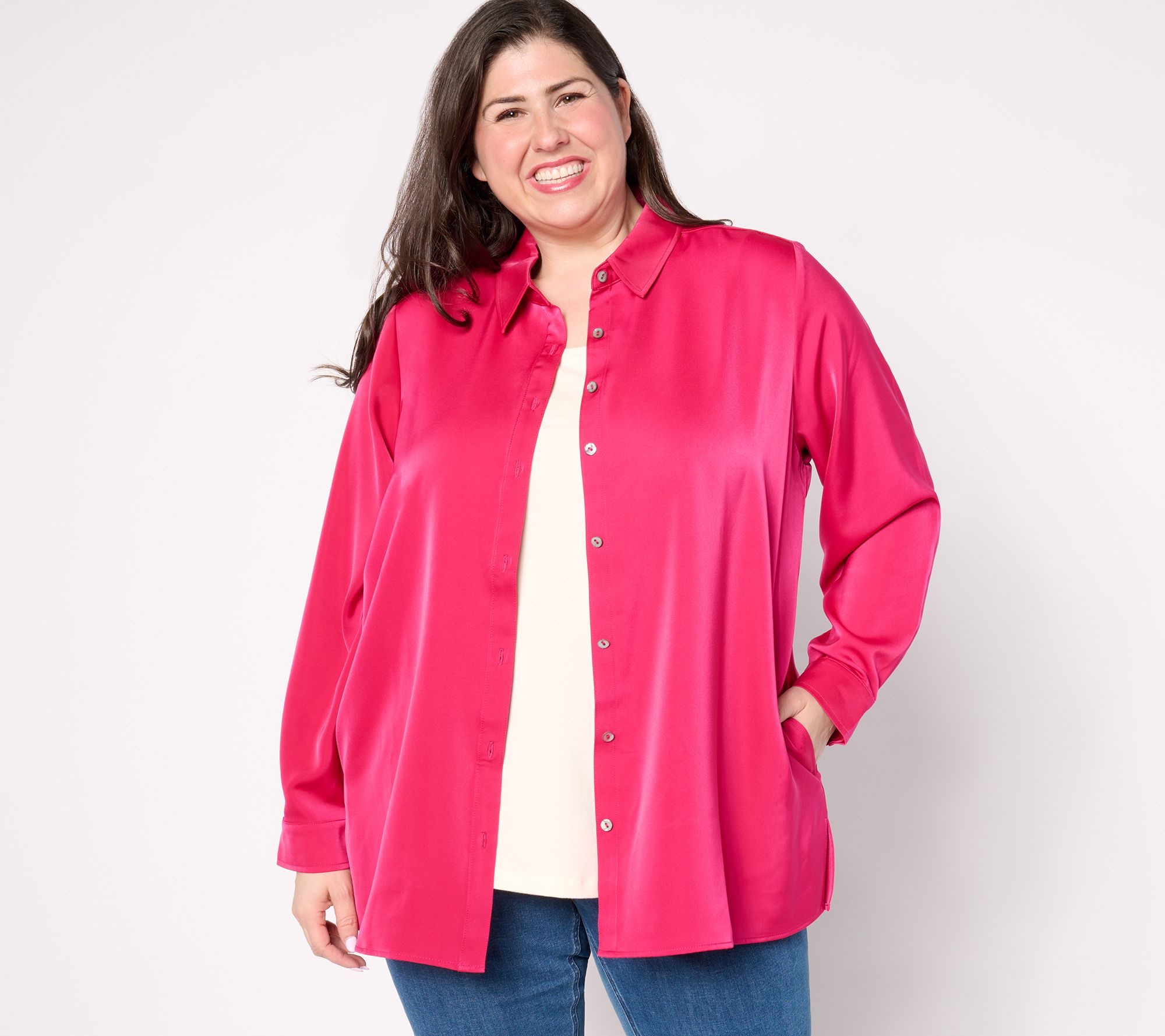 "As Is" Susan Graver Petite Woven Stretch Satin Button Front Shacket