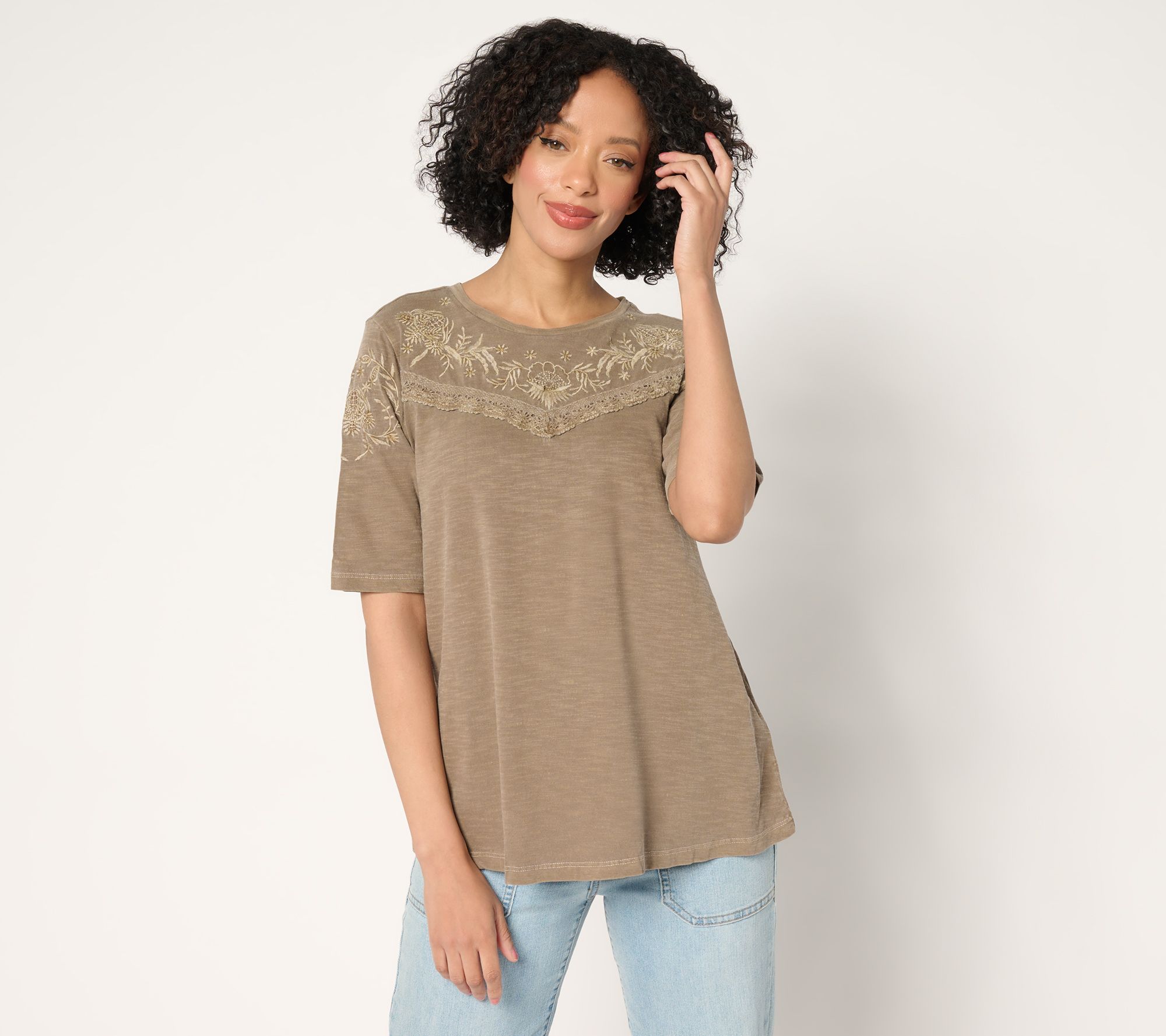 LOGO Lavish by Lori Goldstein 100% Cotton Short Sleeve Embroidered Top