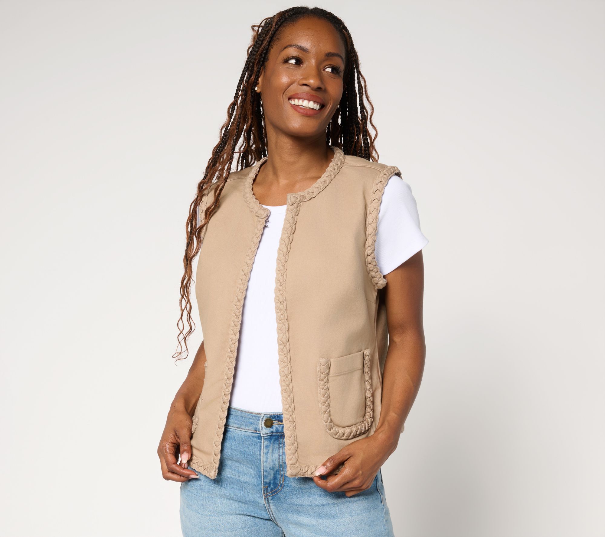 LOGO by Lori Goldstein Denim Vest with Braided Trim