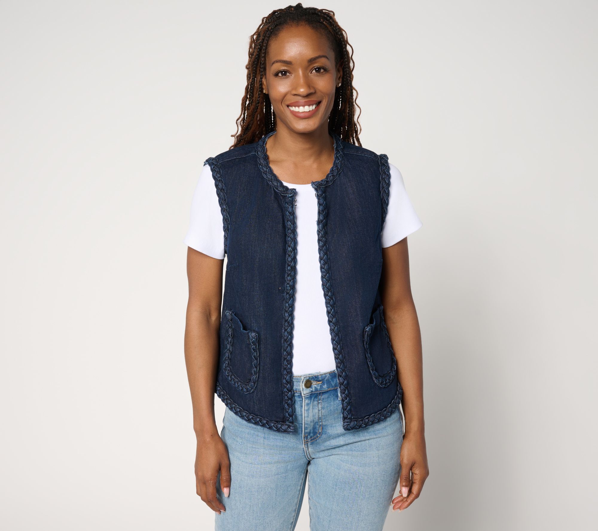 LOGO by Lori Goldstein Denim Vest with Braided Trim