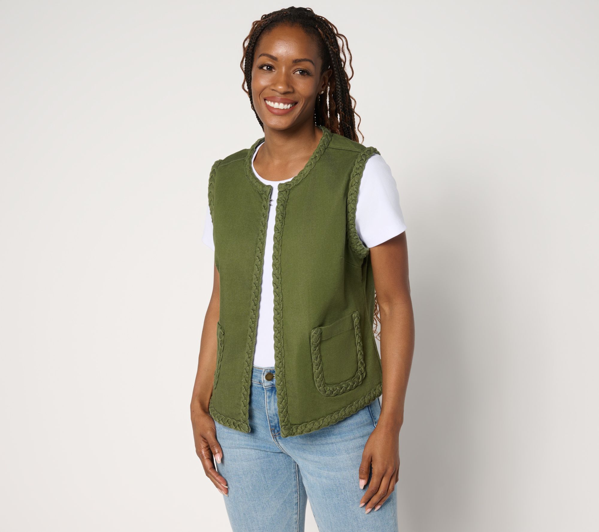 LOGO by Lori Goldstein Denim Vest with Braided Trim