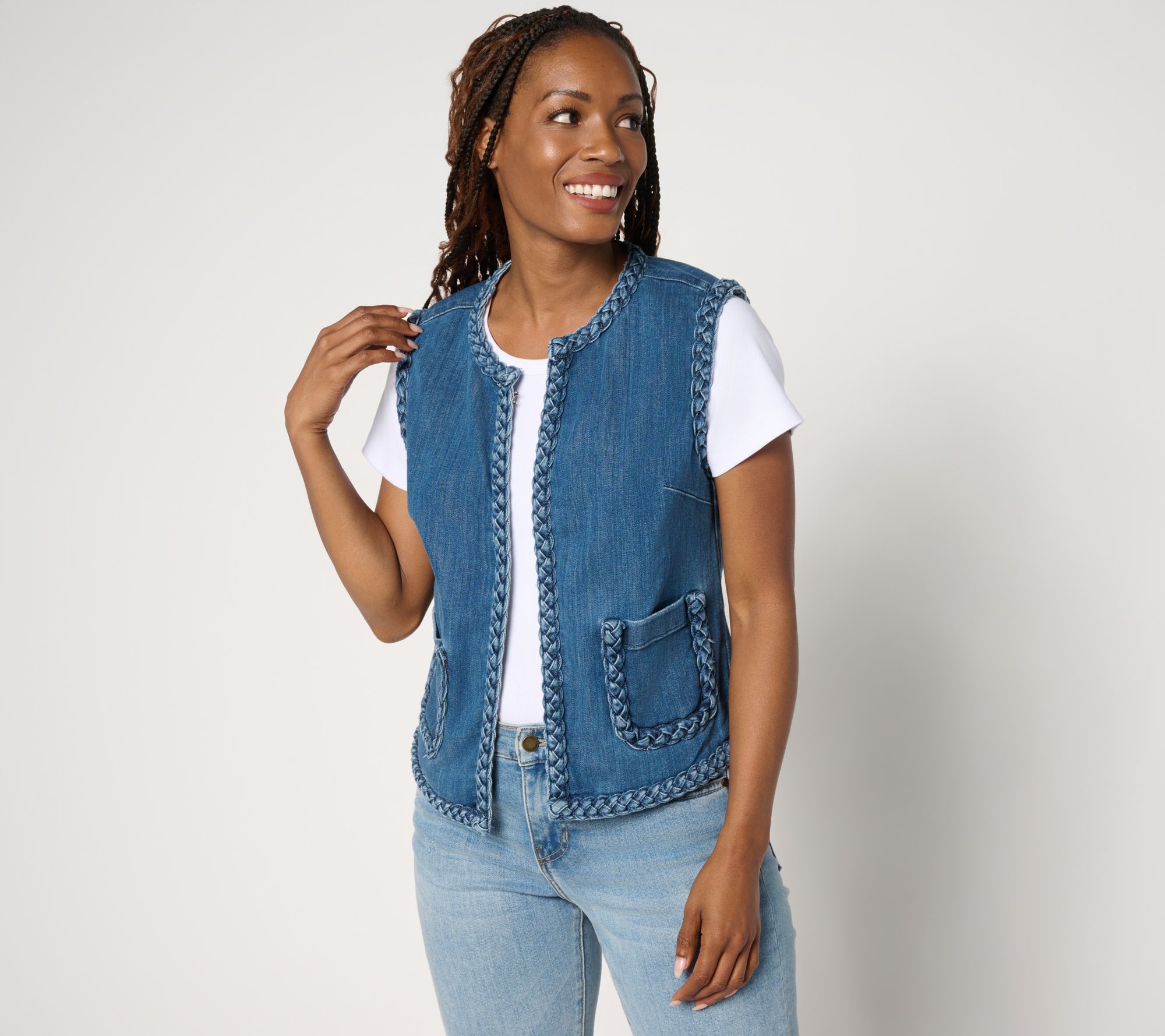 LOGO by Lori Goldstein Denim Vest with Braided Trim