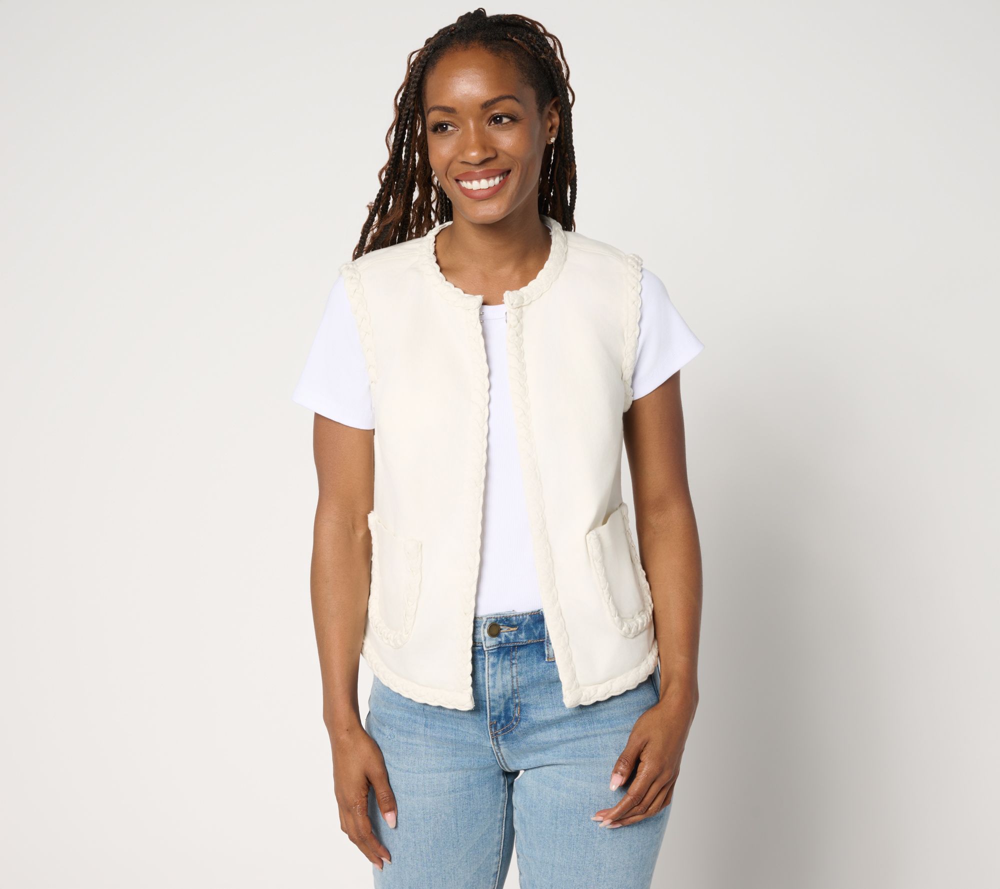 LOGO by Lori Goldstein Denim Vest with Braided Trim