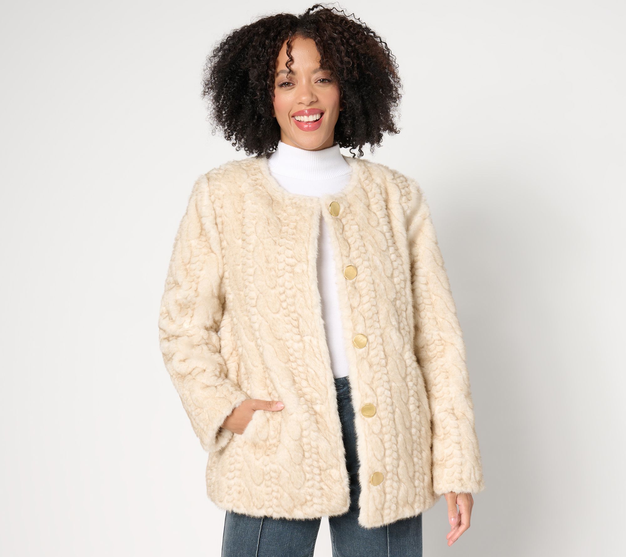 "As Is" Dennis Basso Sculpted Faux Mink Cable Coat