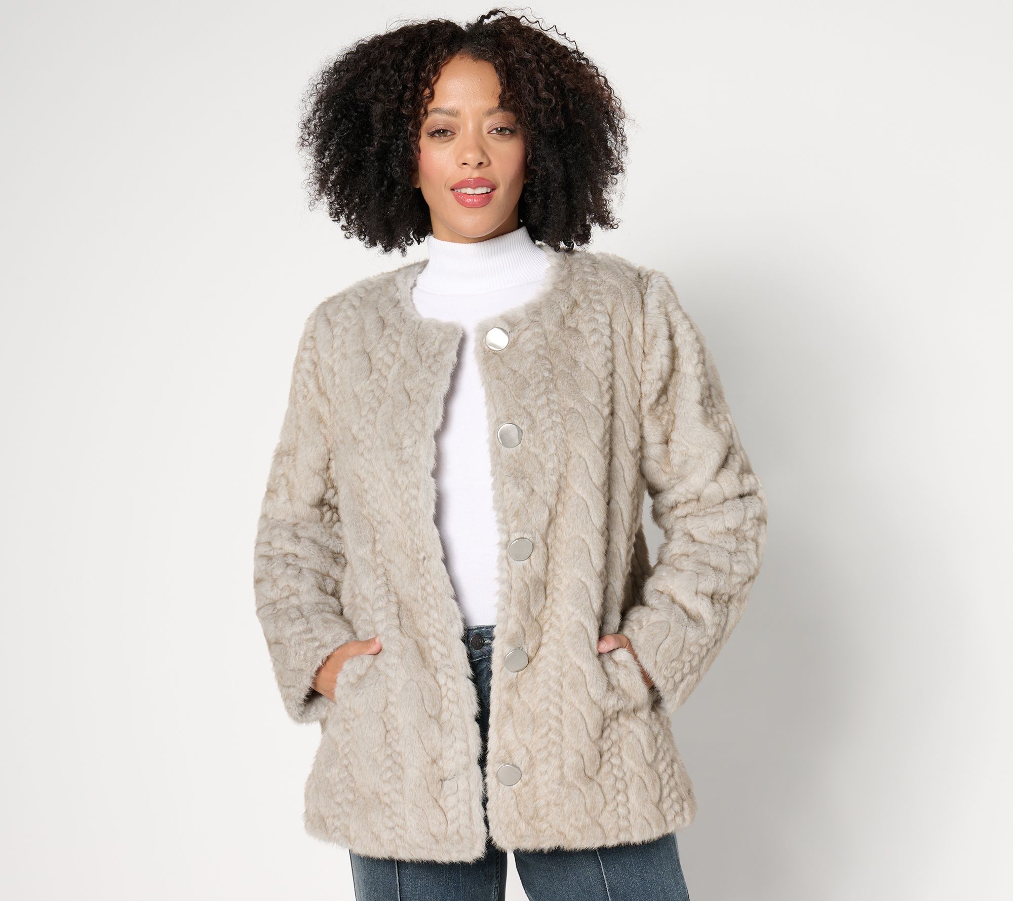 "As Is" Dennis Basso Sculpted Faux Mink Cable Coat