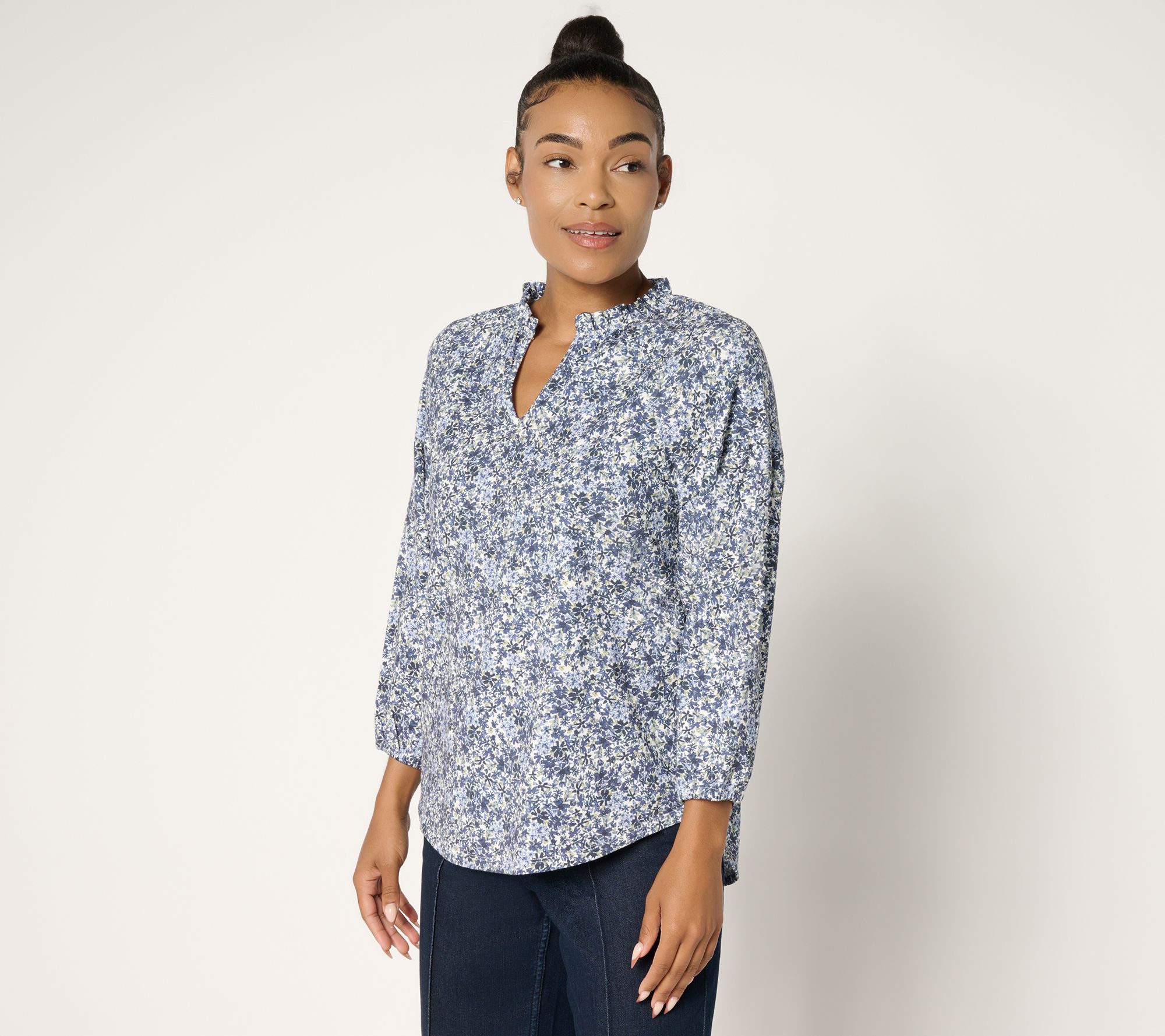 Ree by The Pioneer Woman Printed Ruffle Neck Blouson Knit Top