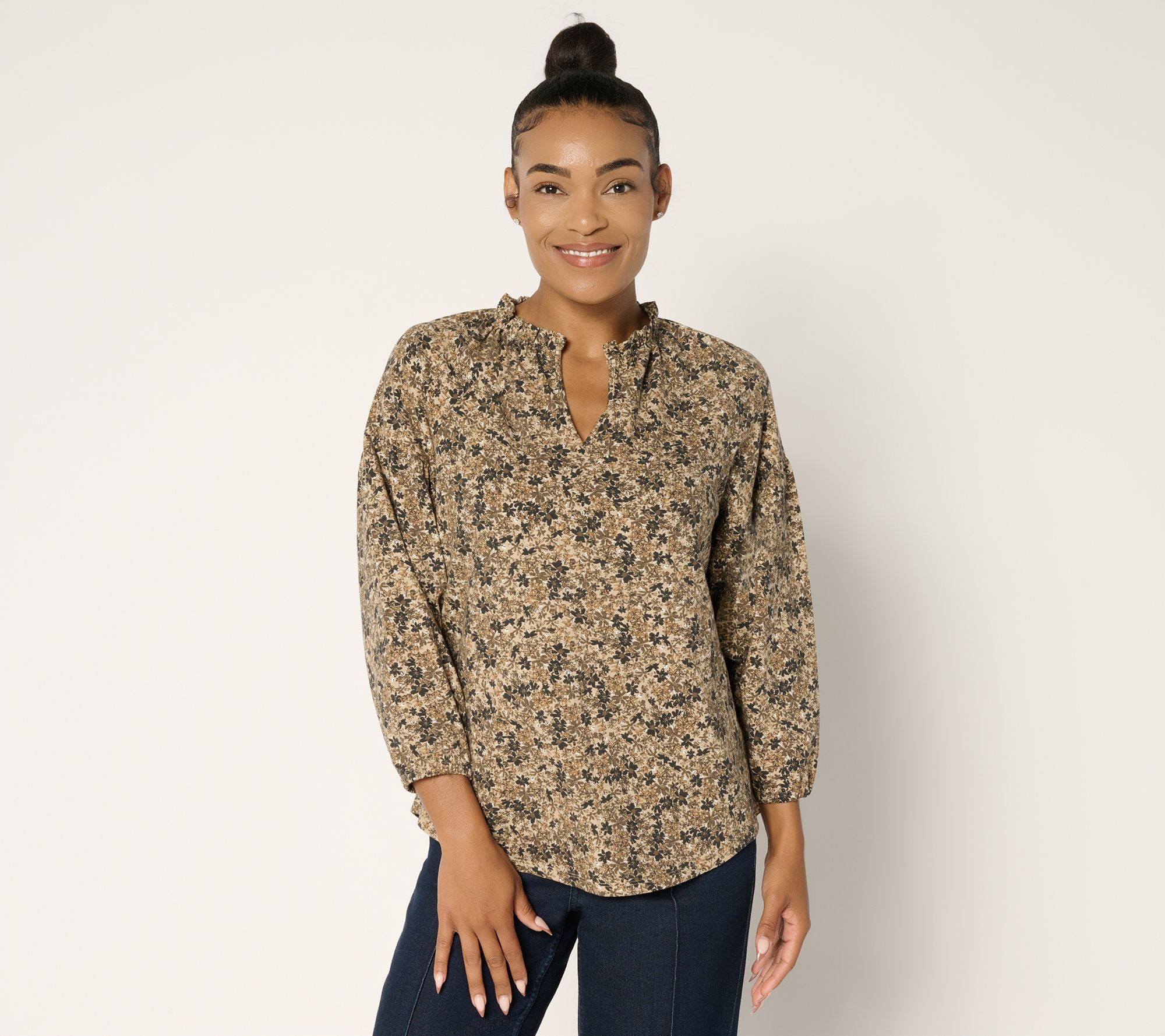 Ree by The Pioneer Woman Printed Ruffle Neck Blouson Knit Top
