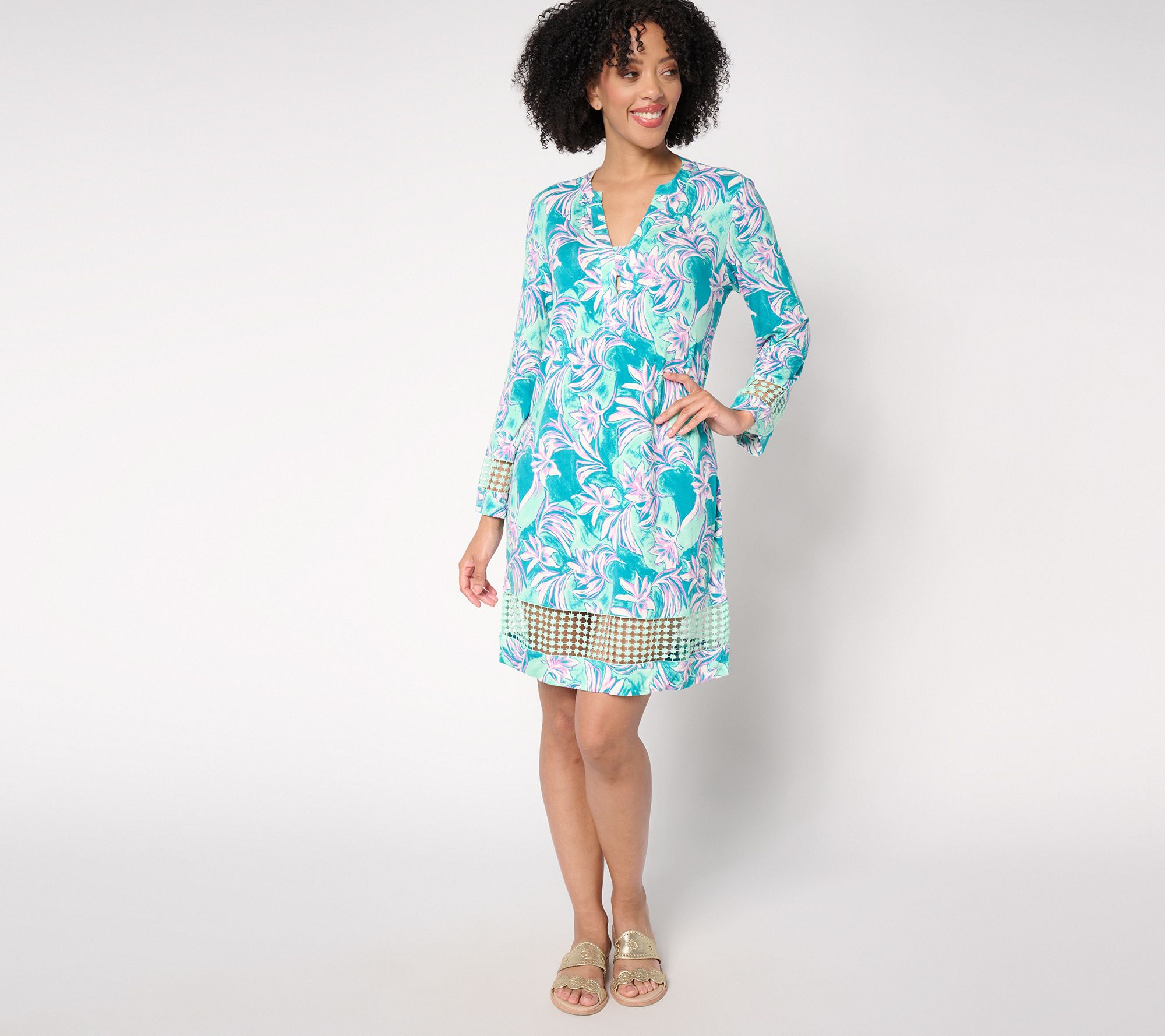"As Is" Susan Graver Soleil Regular Printed Dress with Lace Trim