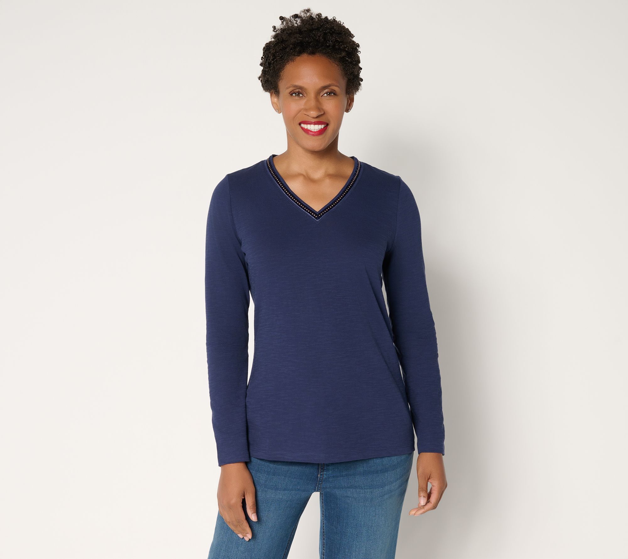 Denim & Co. 100% Cotton Embellished Long Sleeve V-Neck Top