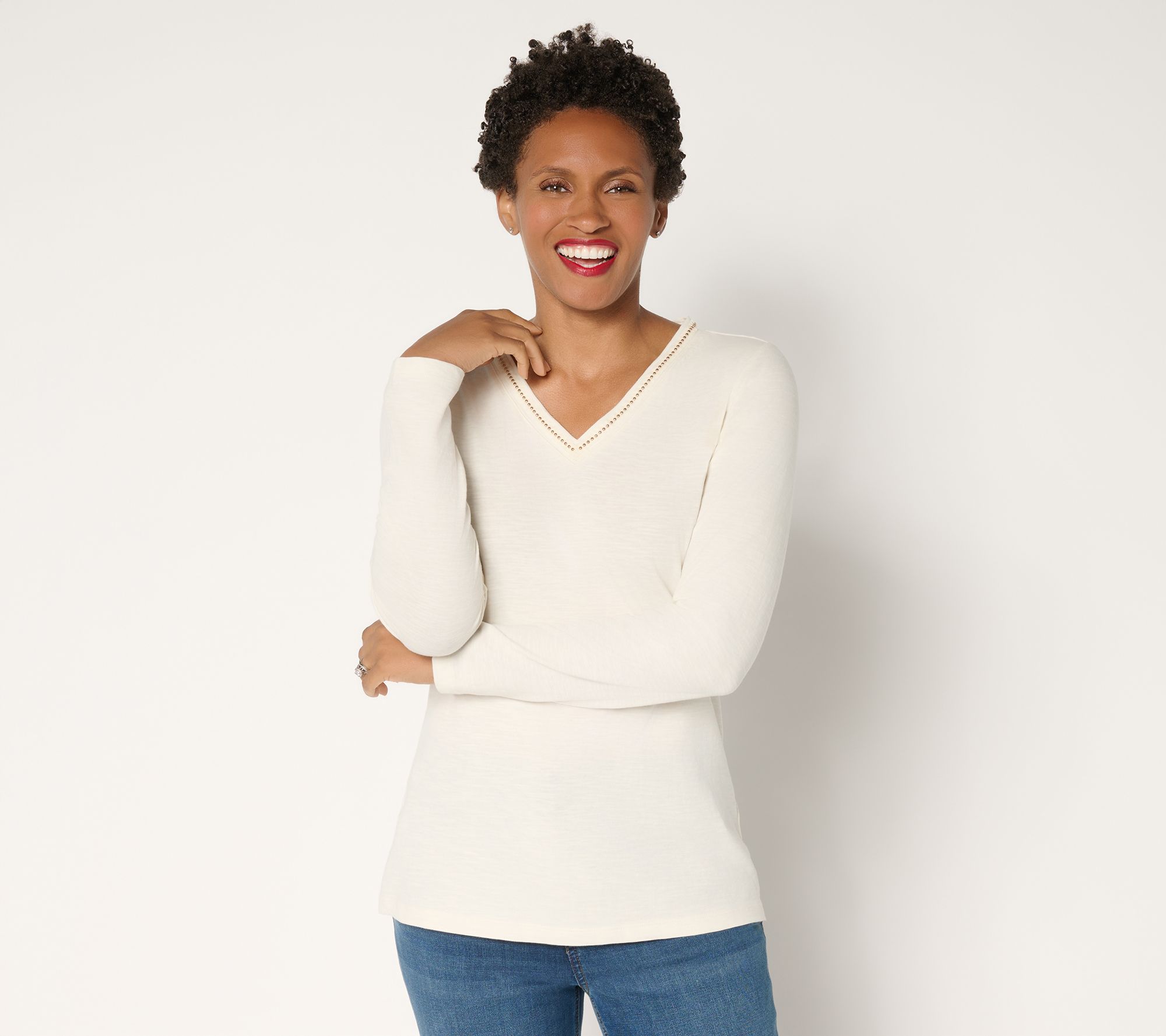 Denim & Co. 100% Cotton Embellished Long Sleeve V-Neck Top