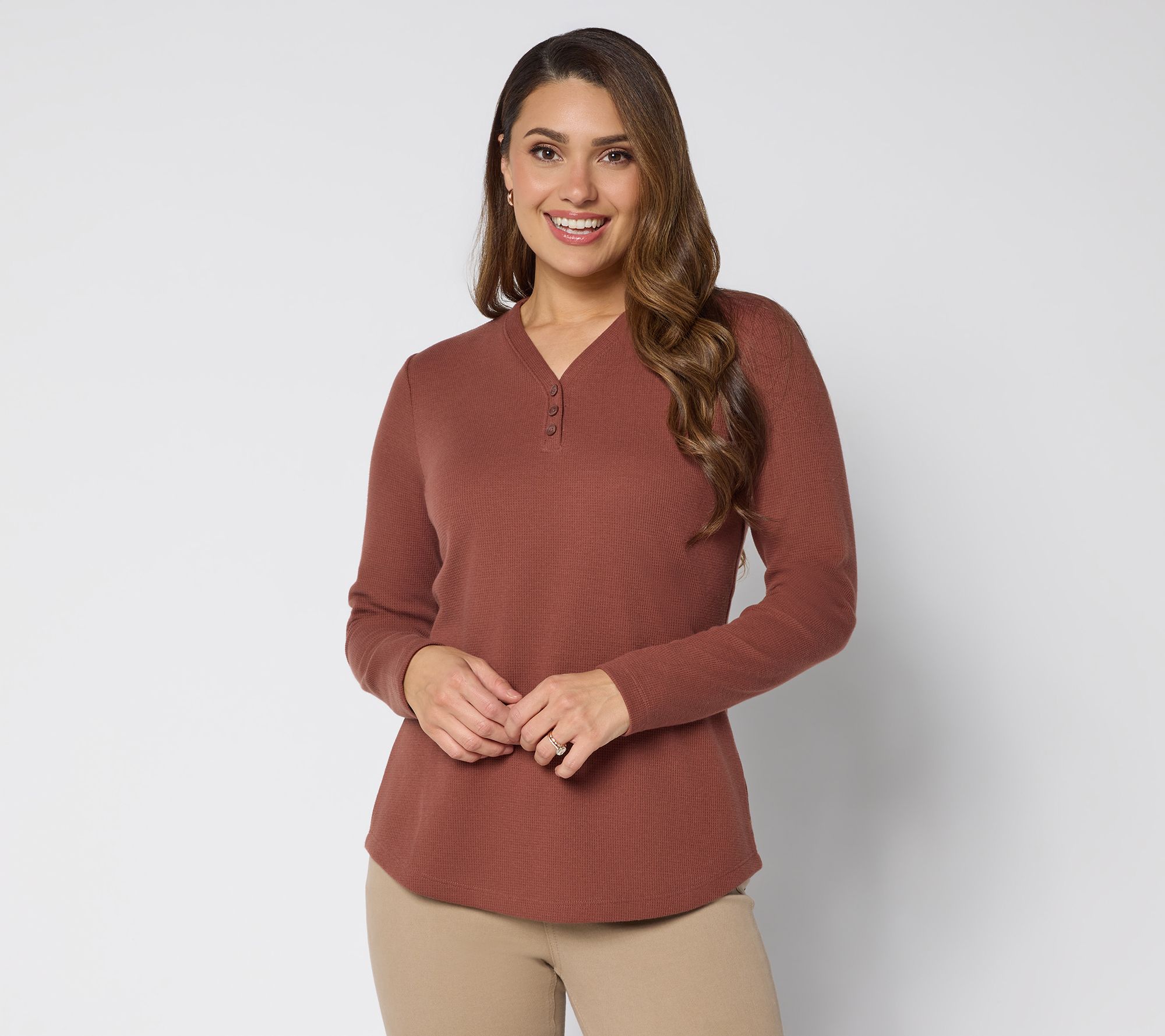 Denim & Co. Essentials Waffle Knit Y-Neck Henley Top