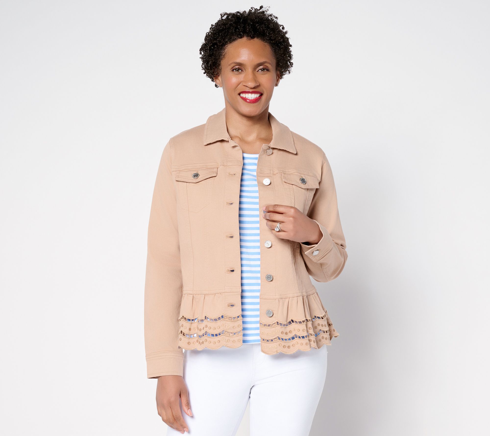 "As Is" Susan Graver Embroidered Peplum Stretch Denim Jacket