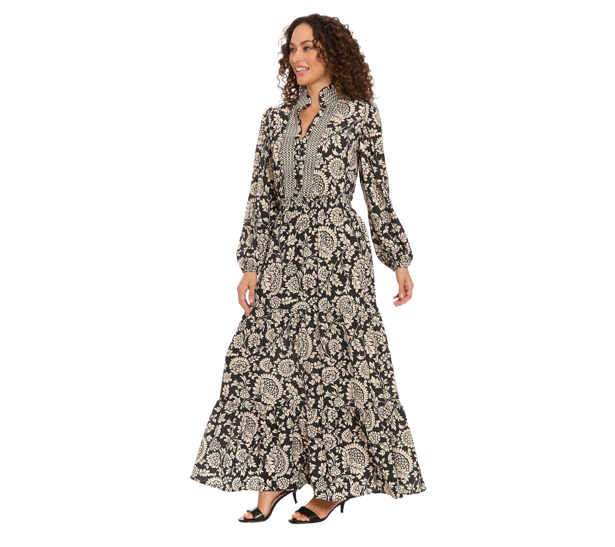 London Times Long Sleeve Print Ruffle Neck MaxiDress