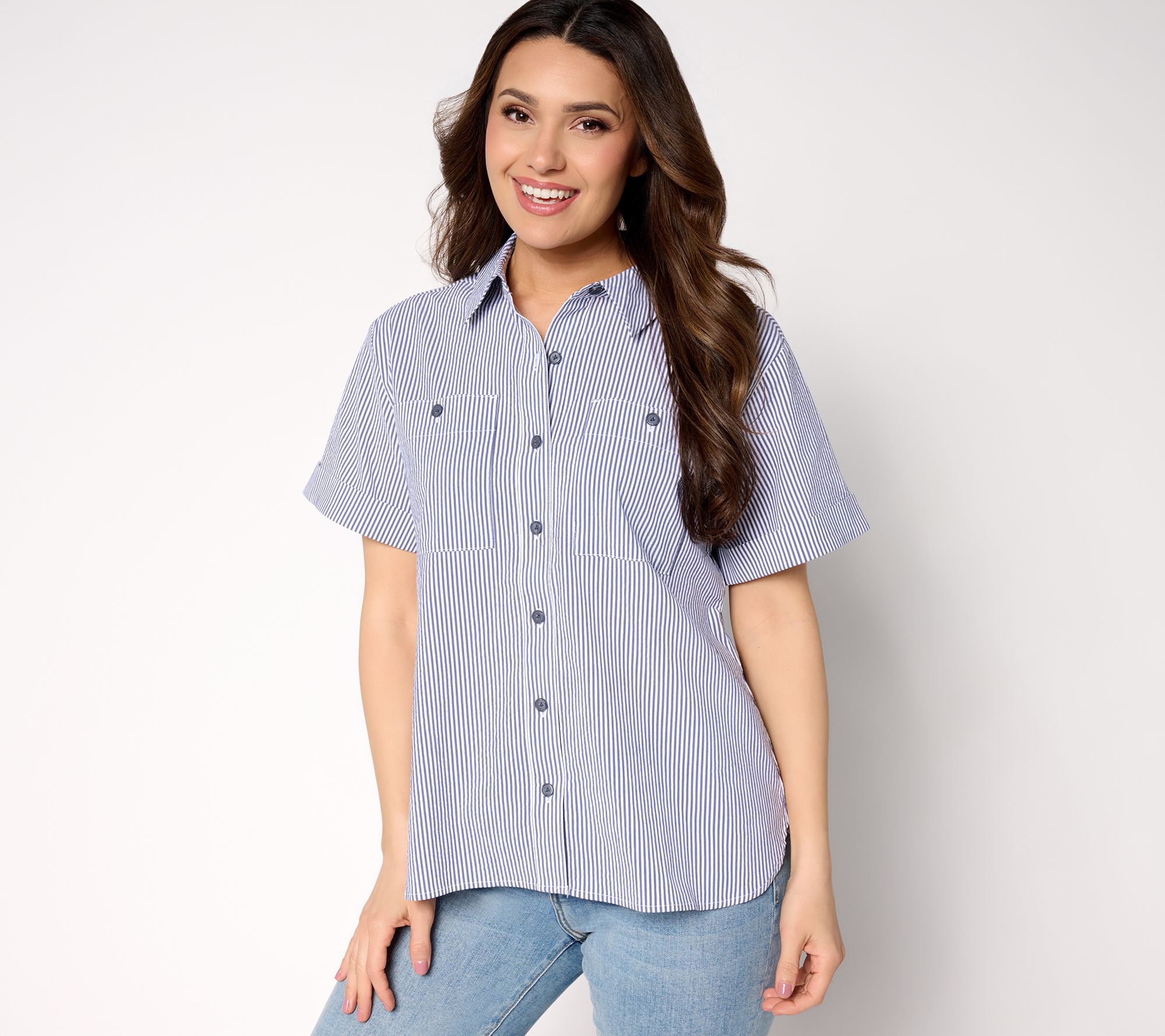 "As Is" Joan Rivers Striped Seersucker Short Sleeve Button Shirt