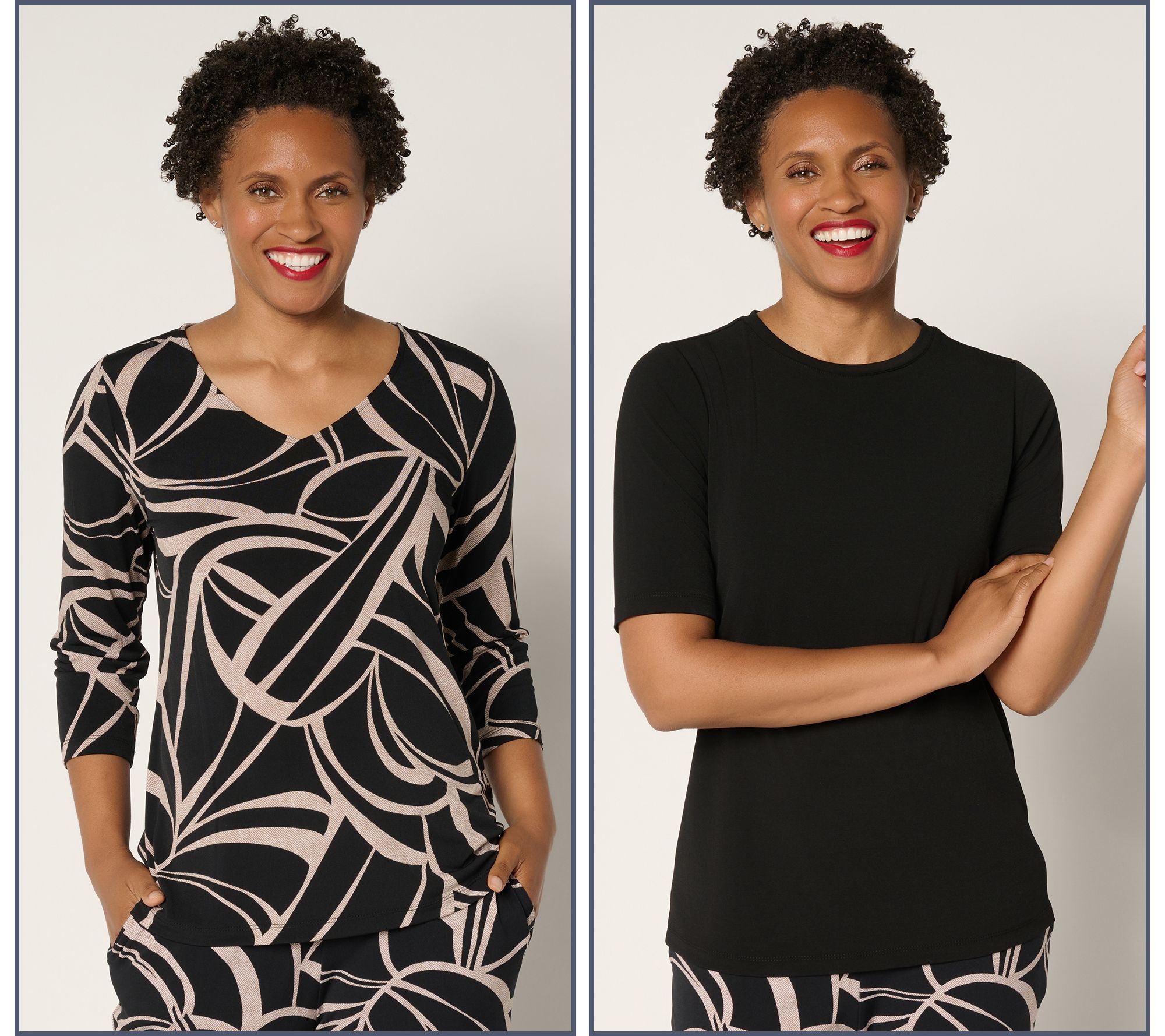 "As Is" Susan Graver Set of 2 Liquid Knit Print & Solid Tops