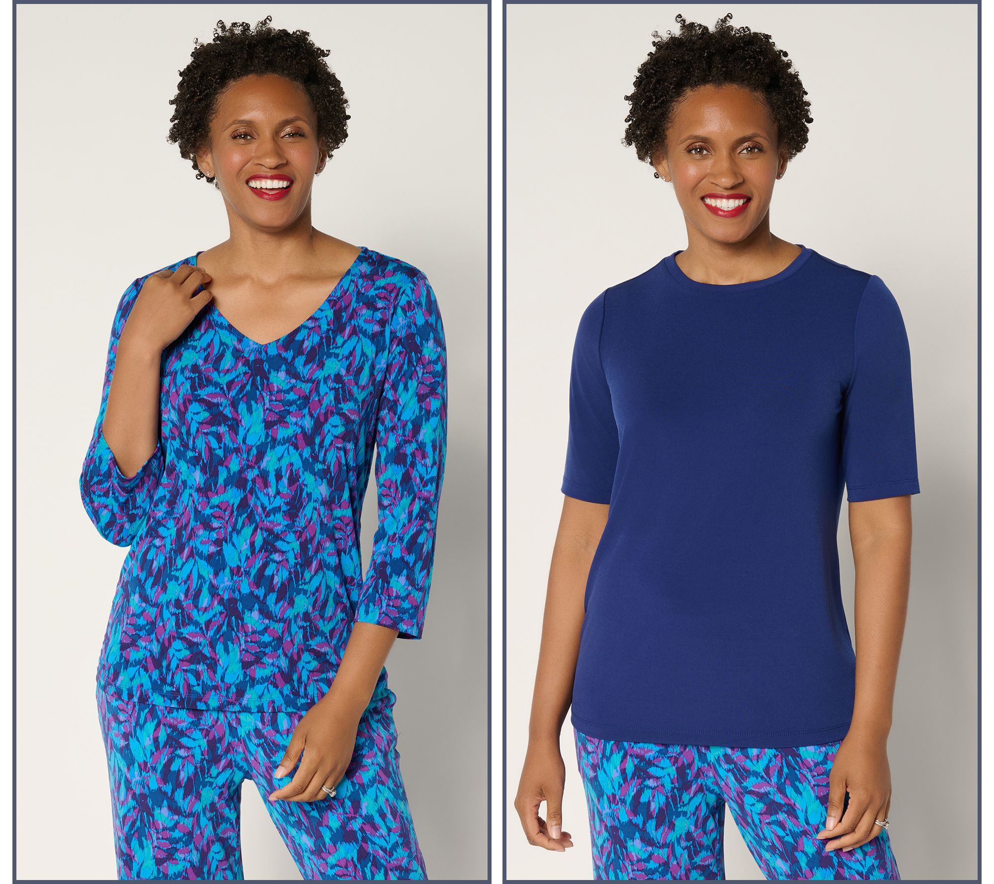 "As Is" Susan Graver Set of 2 Liquid Knit Print & Solid Tops