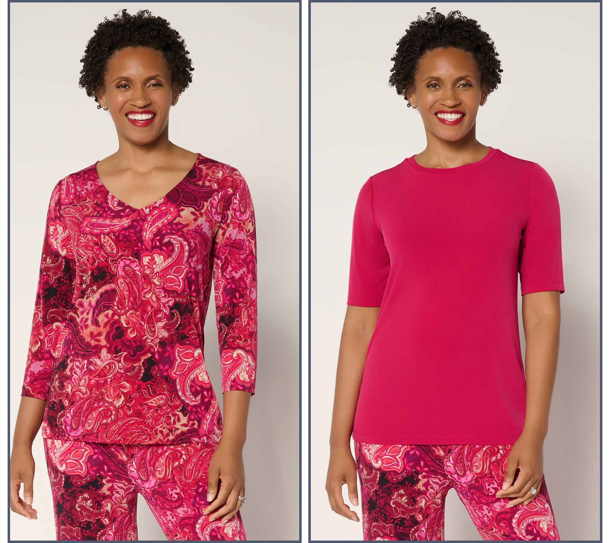 "As Is" Susan Graver Set of 2 Liquid Knit Print & Solid Tops