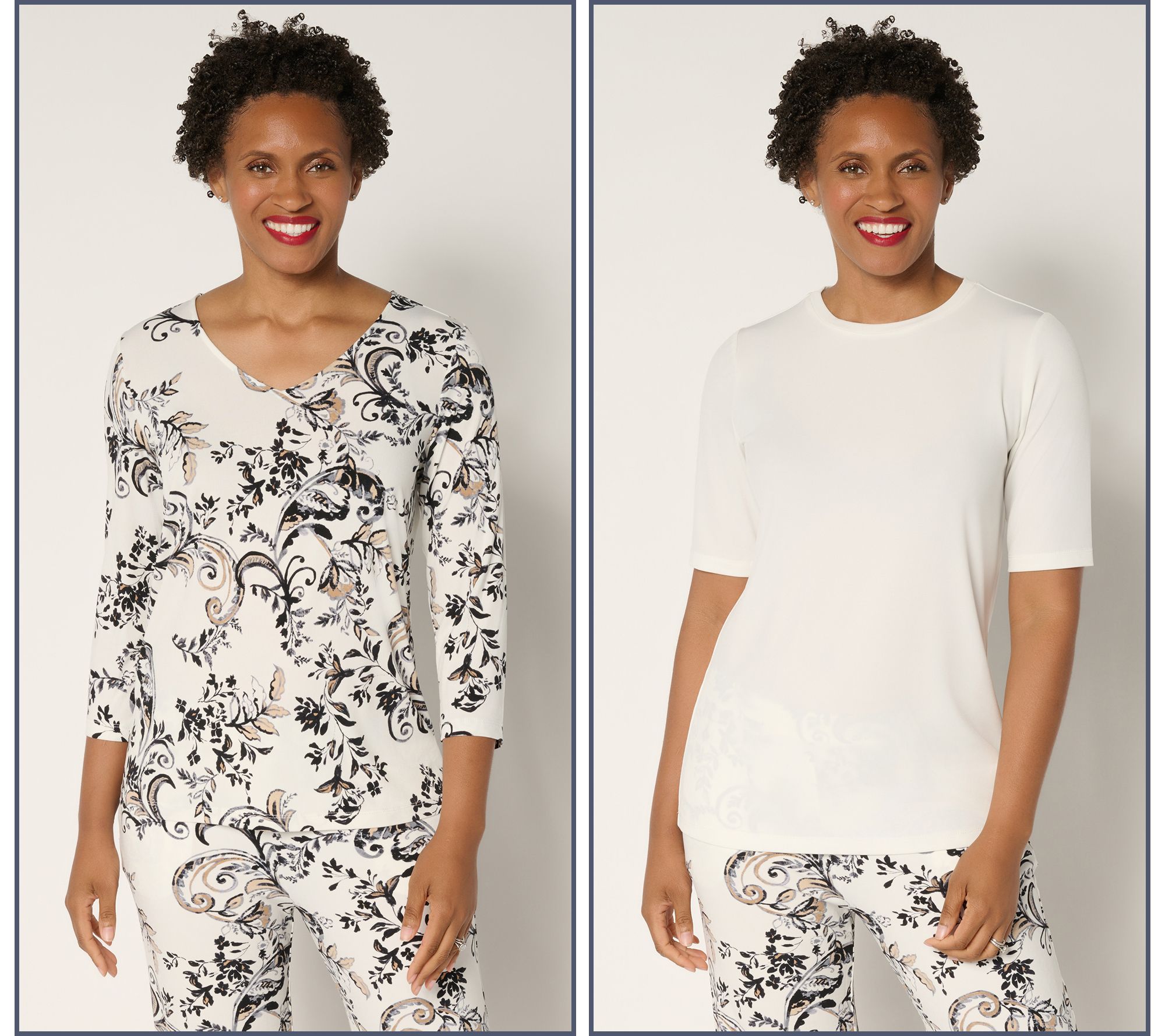 "As Is" Susan Graver Set of 2 Liquid Knit Print & Solid Tops