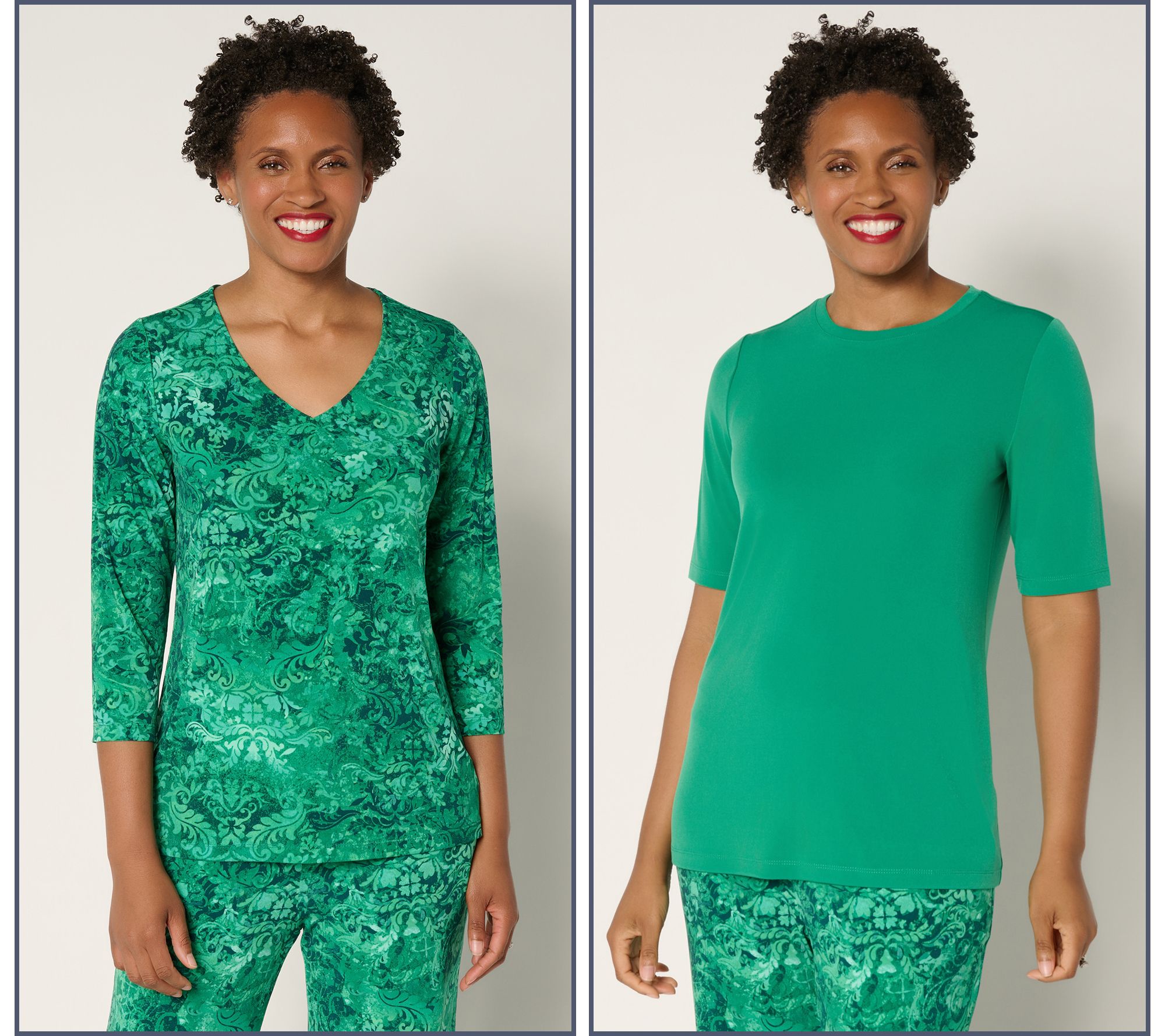 "As Is" Susan Graver Set of 2 Liquid Knit Print & Solid Tops