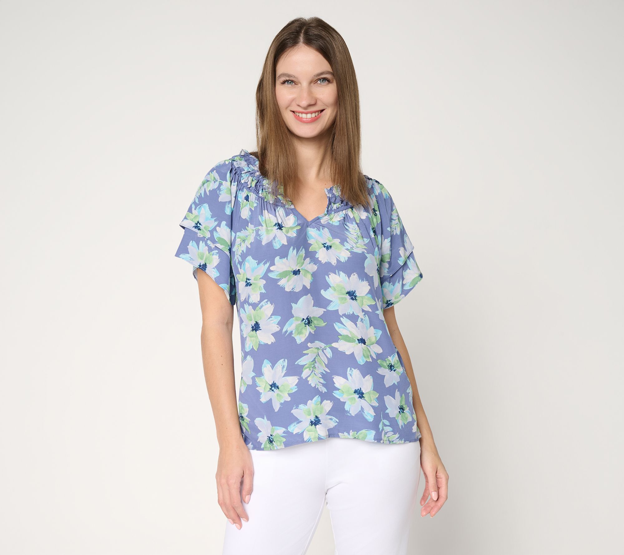 Susan Graver Printed Rayon Woven Ruffled Neckline Short Sleeve Top