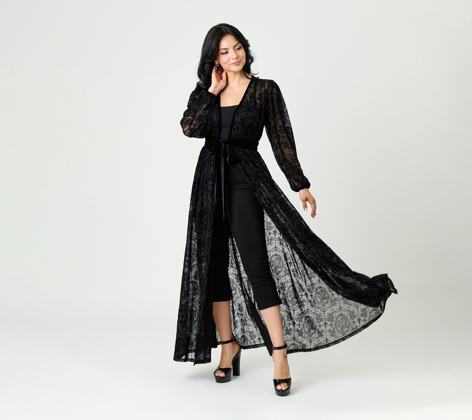 Unique Vintage Black Flocked La Caterina Hollywood Duster