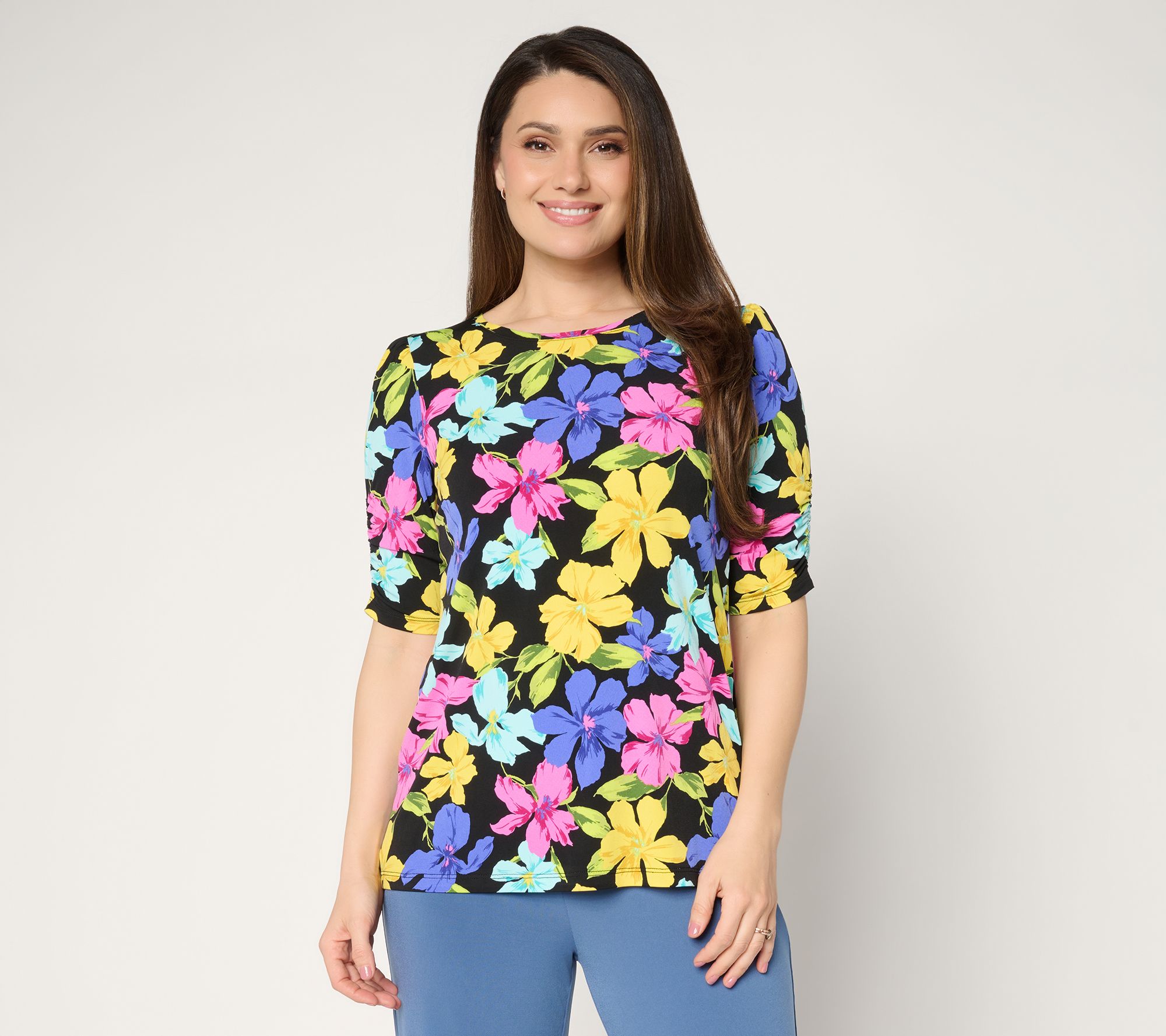 Susan Graver Printed Liquid Knit Ruched Elbow-Sleeve Top