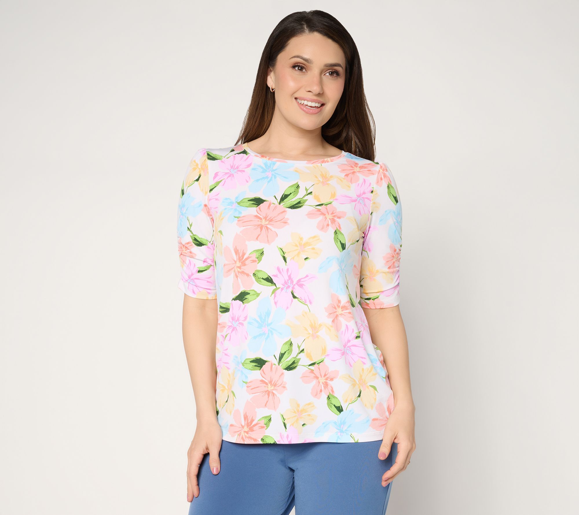 Susan Graver Printed Liquid Knit Ruched Elbow-Sleeve Top