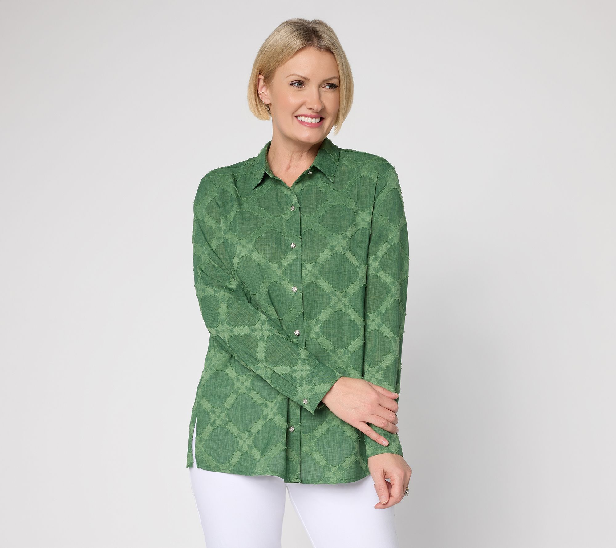 Susan Graver Regular Clipped Jacquard Woven Button Front Tunic