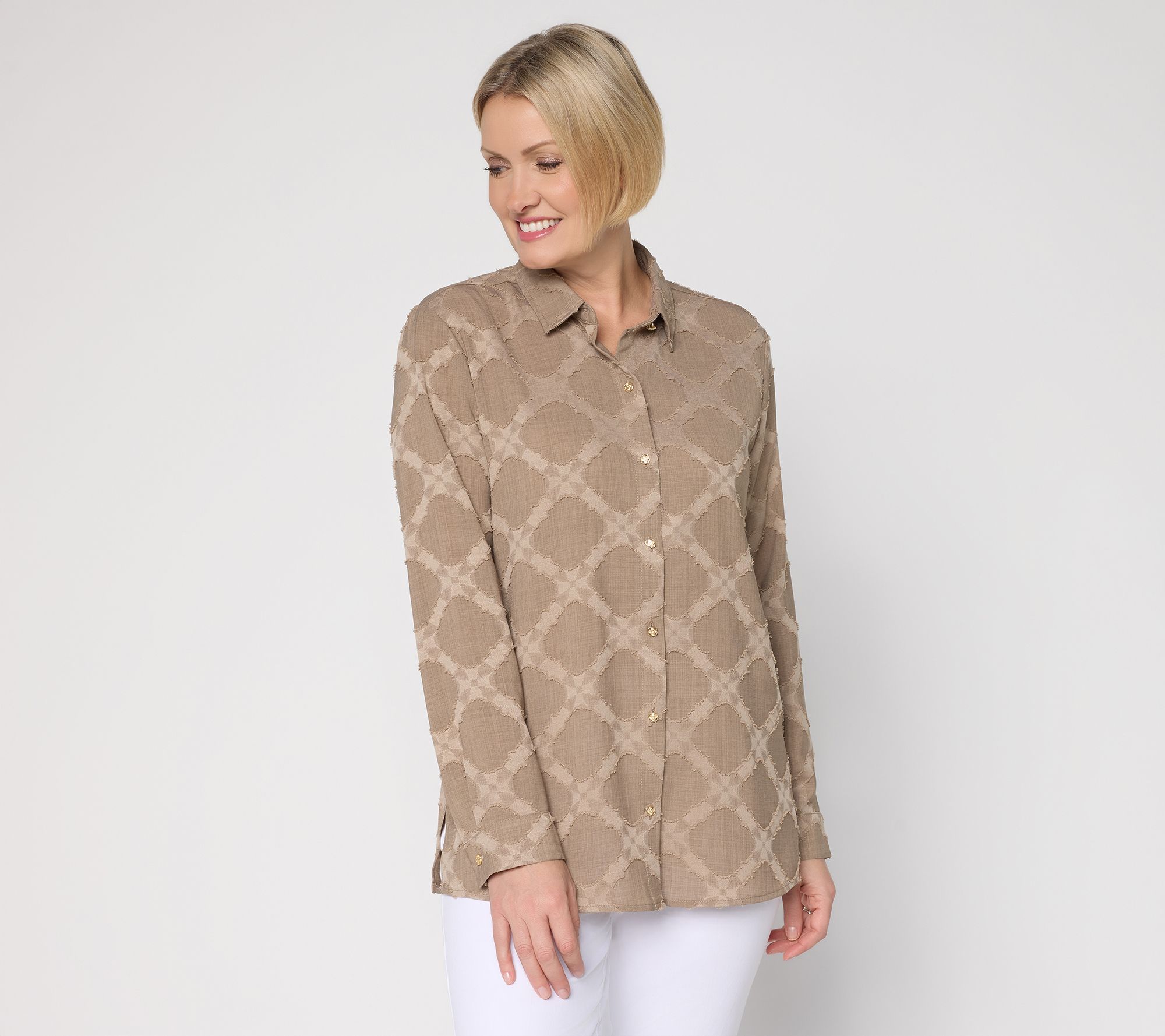 Susan Graver Regular Clipped Jacquard Woven Button Front Tunic