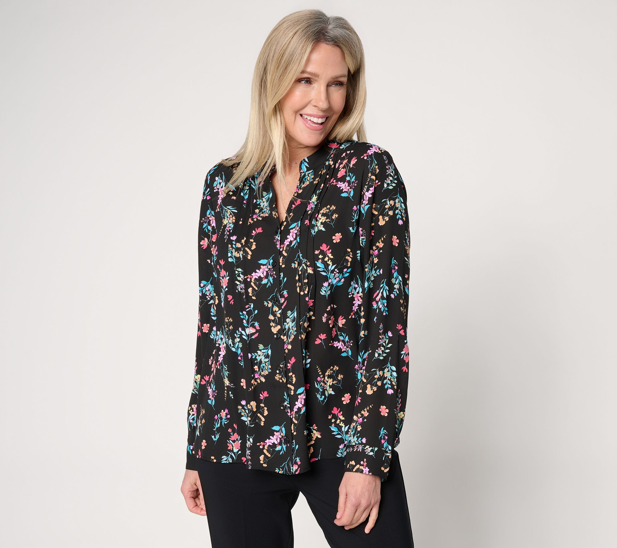 Joan Rivers Pintuck Split V Button-Front Georgette Blouse