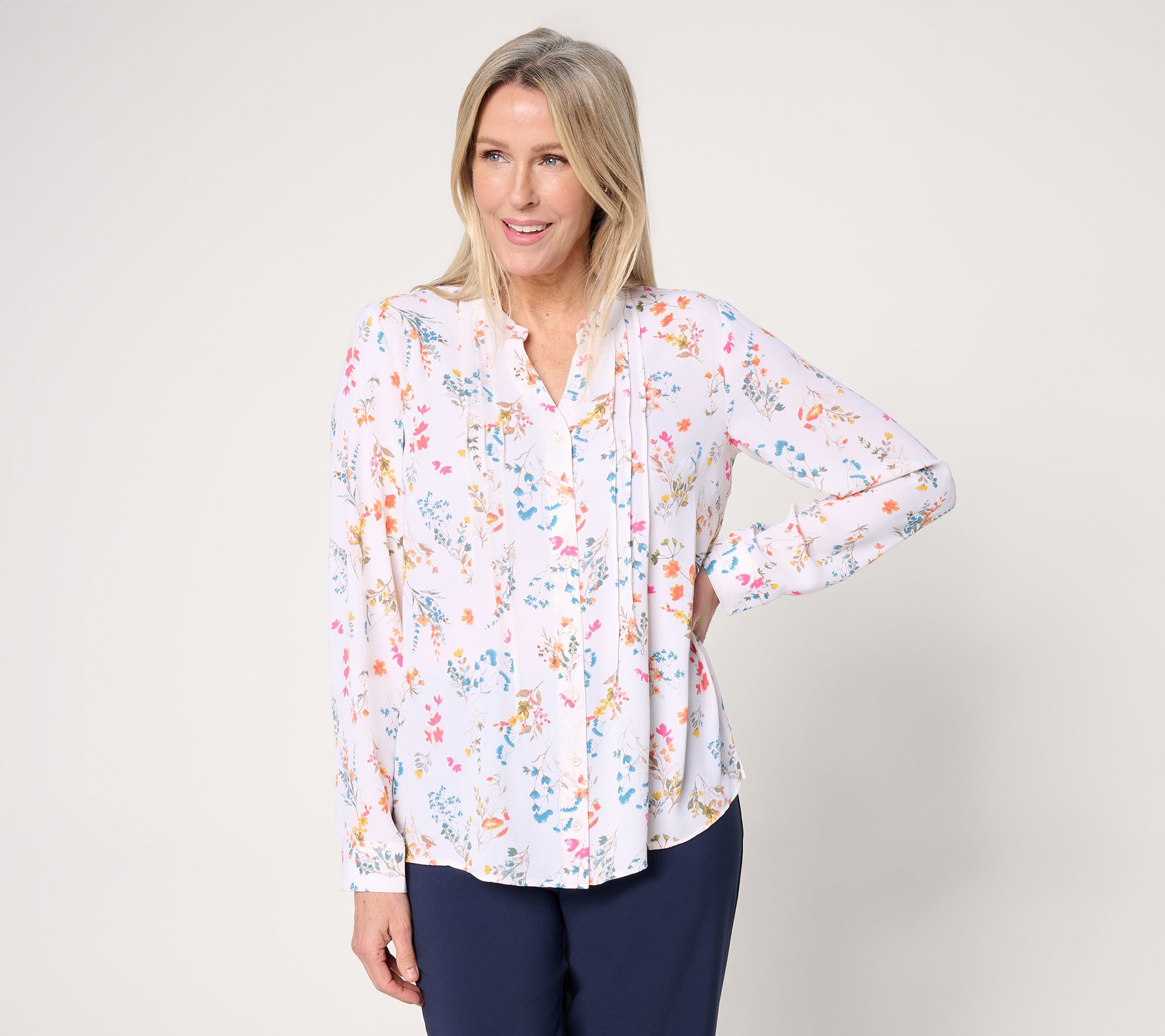 Joan Rivers Pintuck Split V Button-Front Georgette Blouse