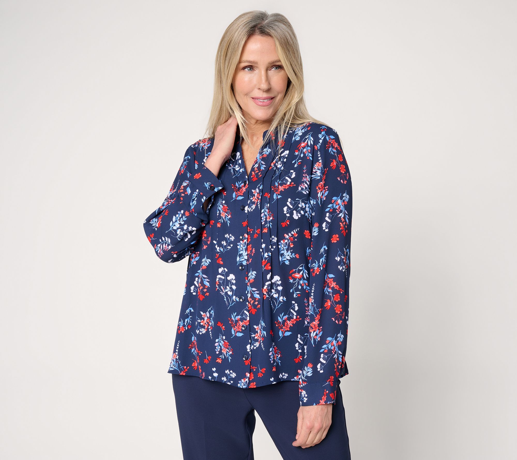 Joan Rivers Pintuck Split V Button-Front Georgette Blouse
