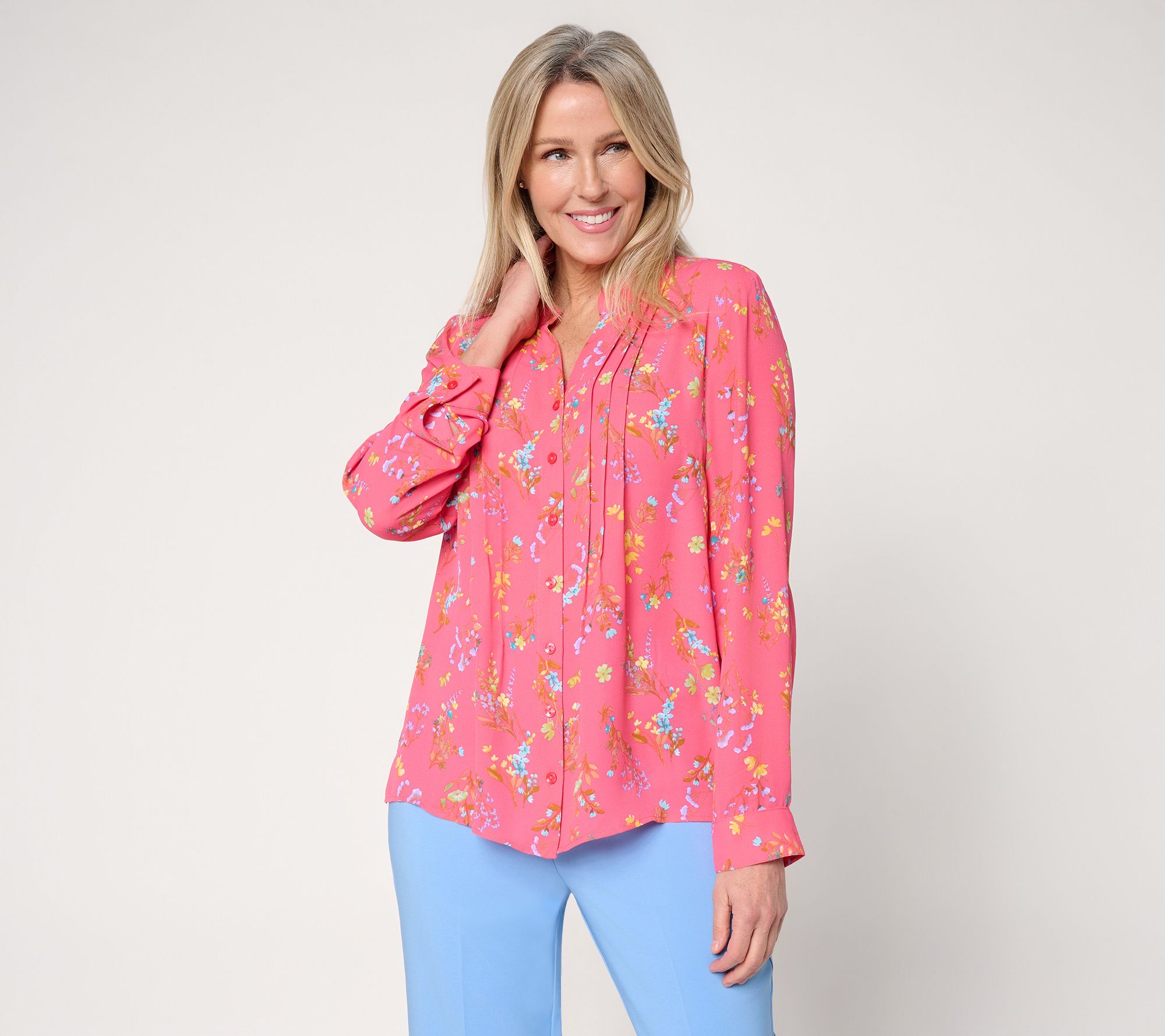 Joan Rivers Pintuck Split V Button-Front Georgette Blouse