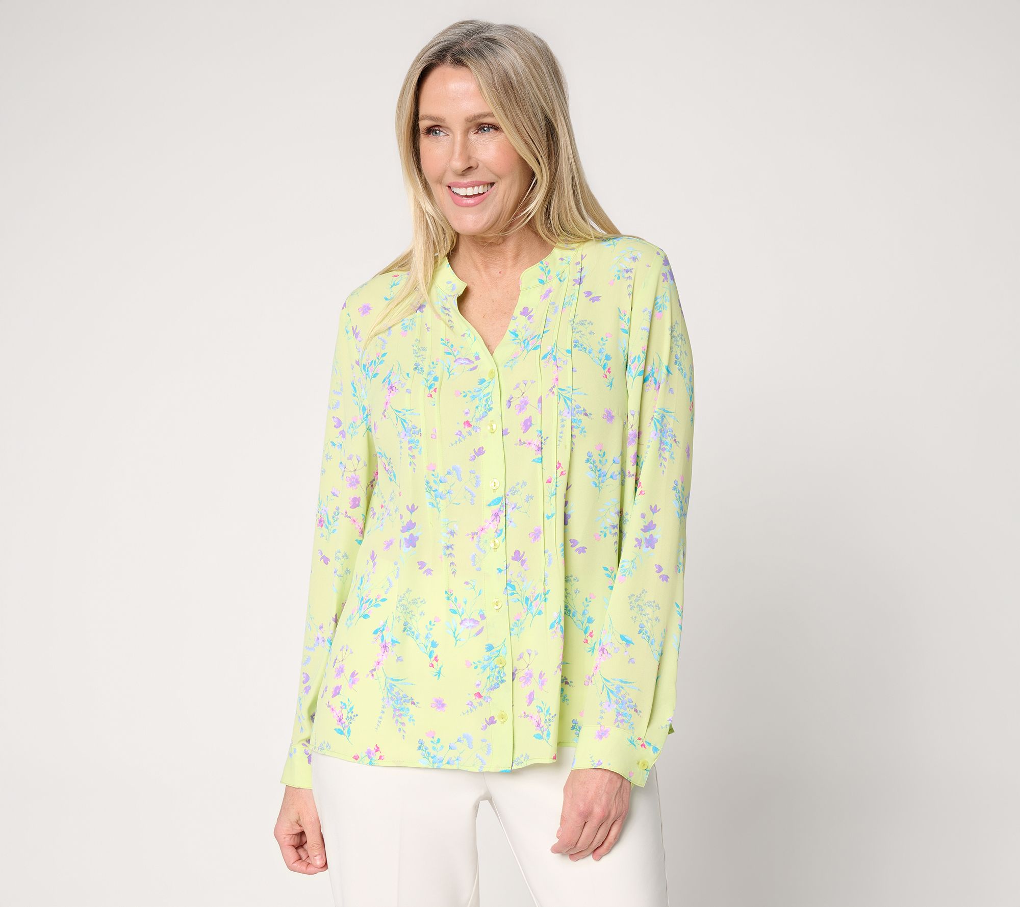 Joan Rivers Pintuck Split V Button-Front Georgette Blouse