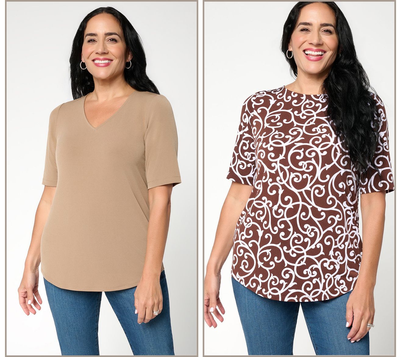  Susan Graver Set of 2 Print & Solid Liquid Knit Tops - A730540