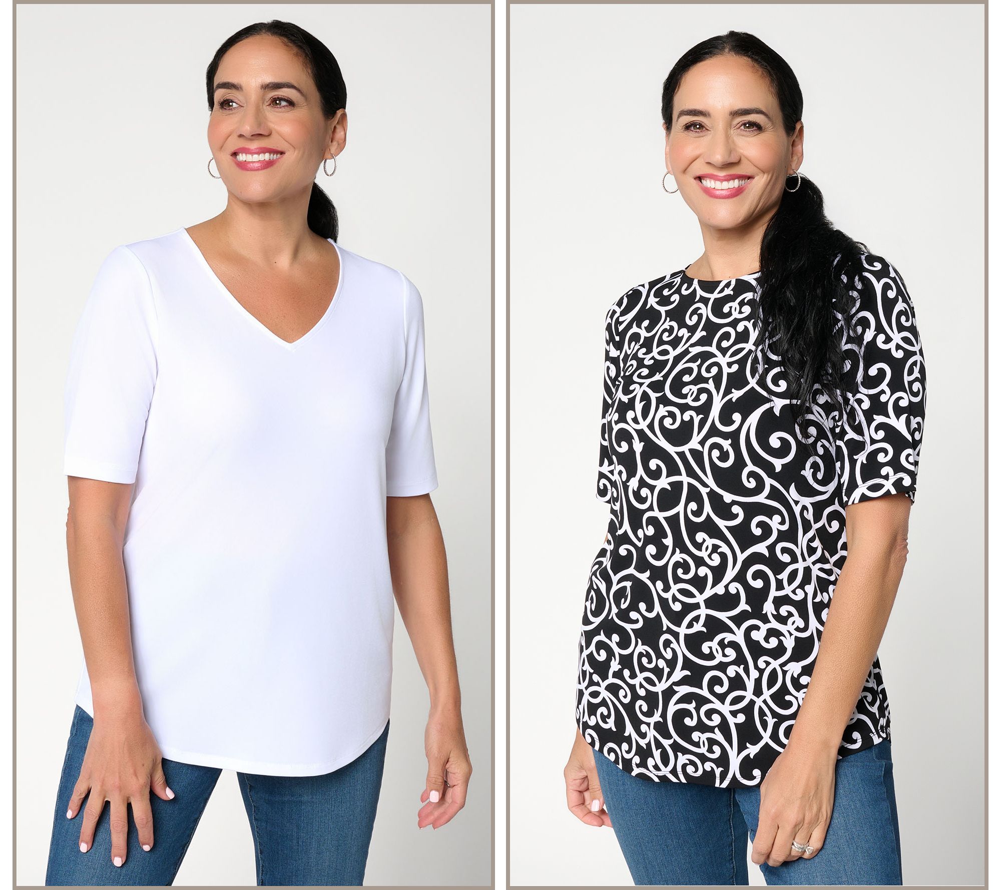 Susan Graver Set of 2 Print & Solid Liquid Knit Tops