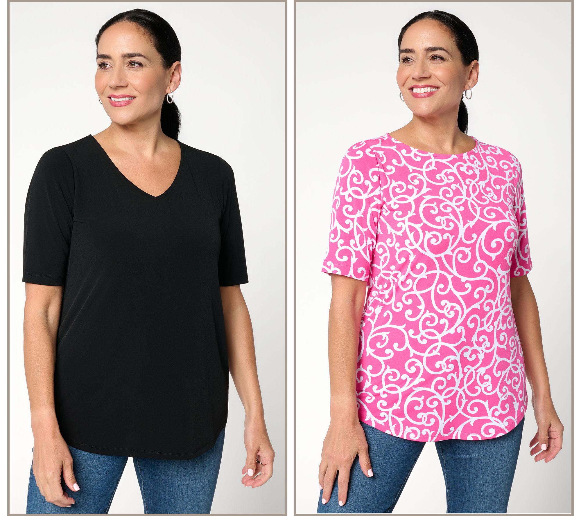 Susan Graver Set of 2 Print & Solid Liquid Knit Tops