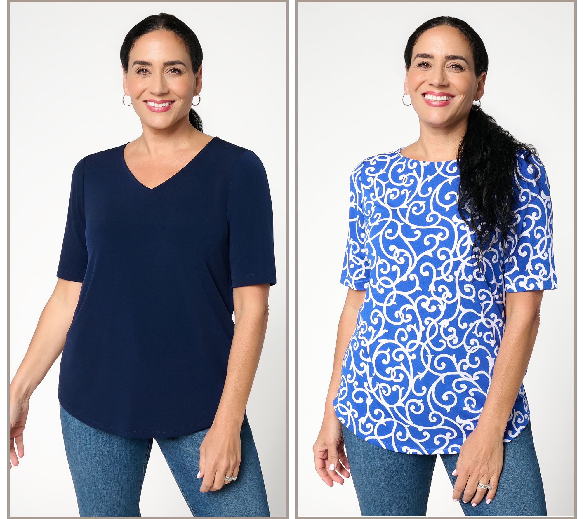 Susan Graver Set of 2 Print & Solid Liquid Knit Tops